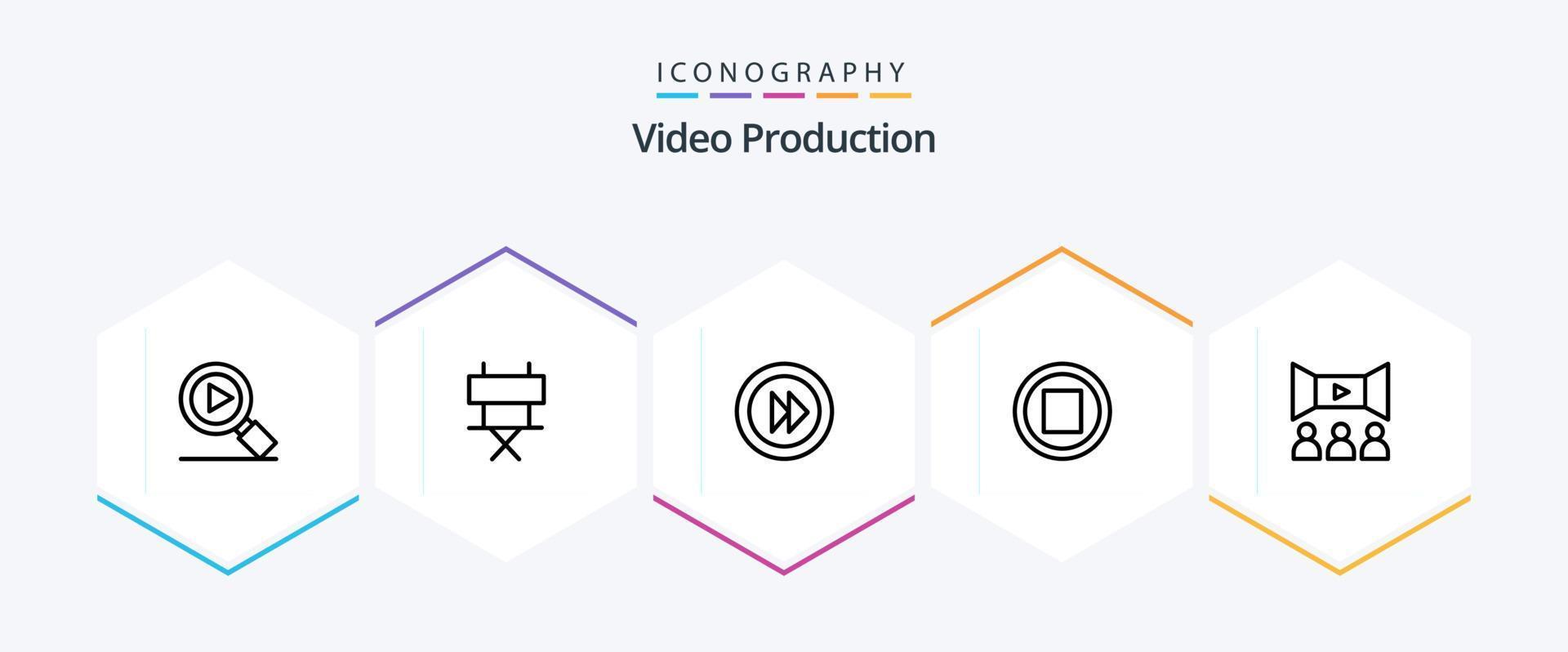 pack d'icônes de 25 lignes de production vidéo, y compris l'arrêt. médias . chaise pliante. multimédia vecteur