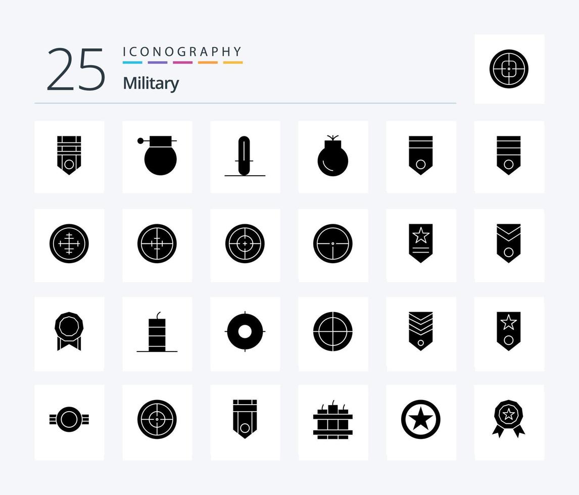 pack d'icônes militaires de 25 glyphes solides comprenant un badge. armes. arme. militaire. pistolet vecteur