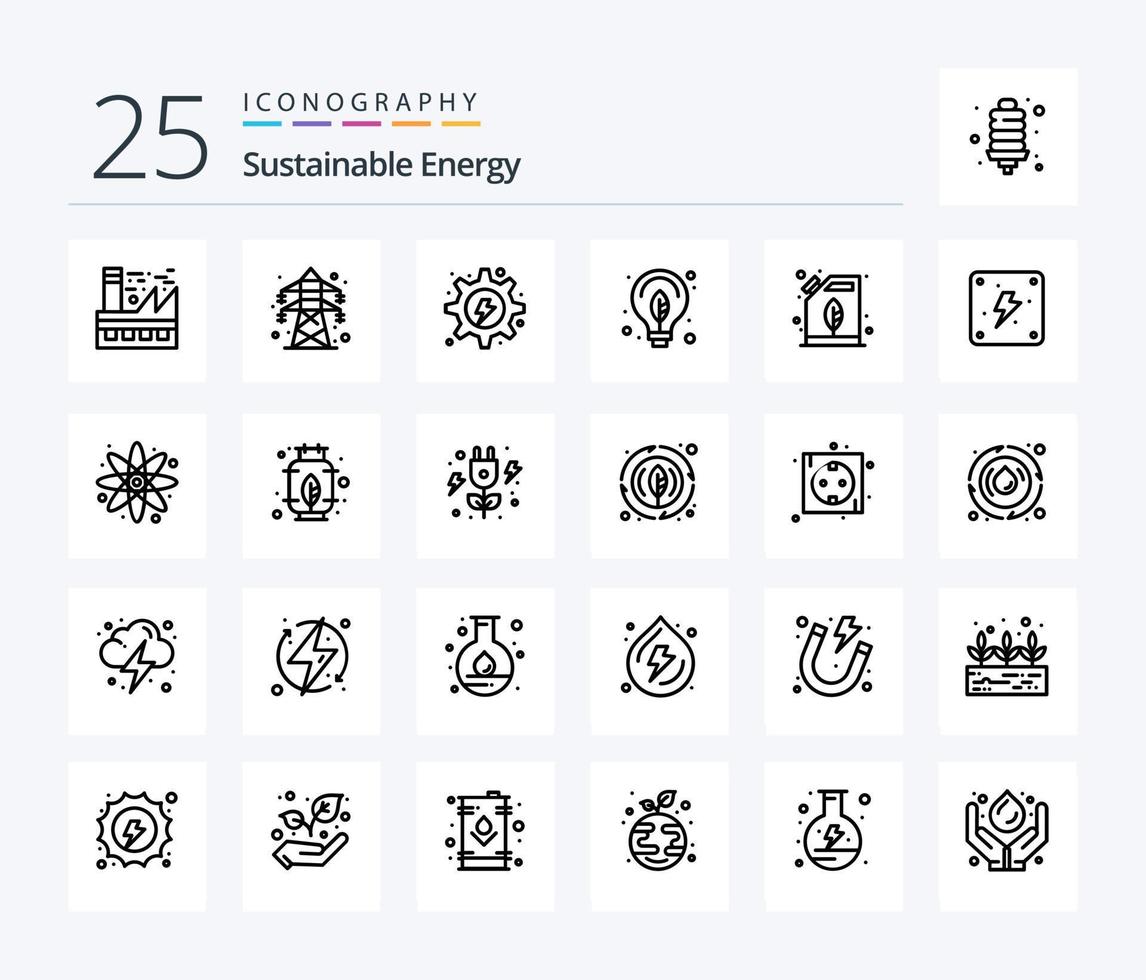 pack d'icônes de 25 lignes d'énergie durable, y compris l'ampoule. vert. tour de transmission. énergie. hydroélectricité vecteur