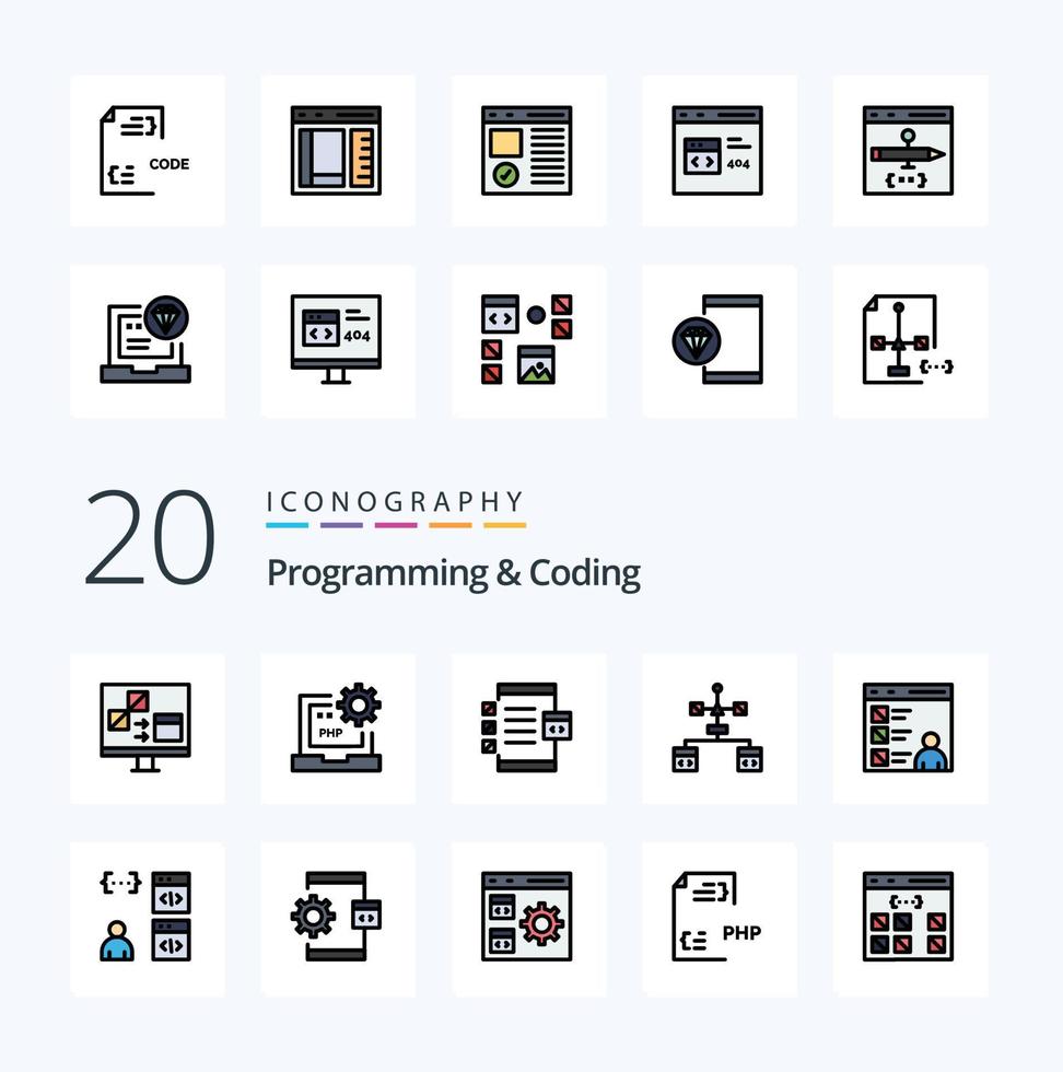 20 pack d'icônes de couleur remplies de lignes de programmation et de codage comme développer un dispositif de développement de code développer vecteur