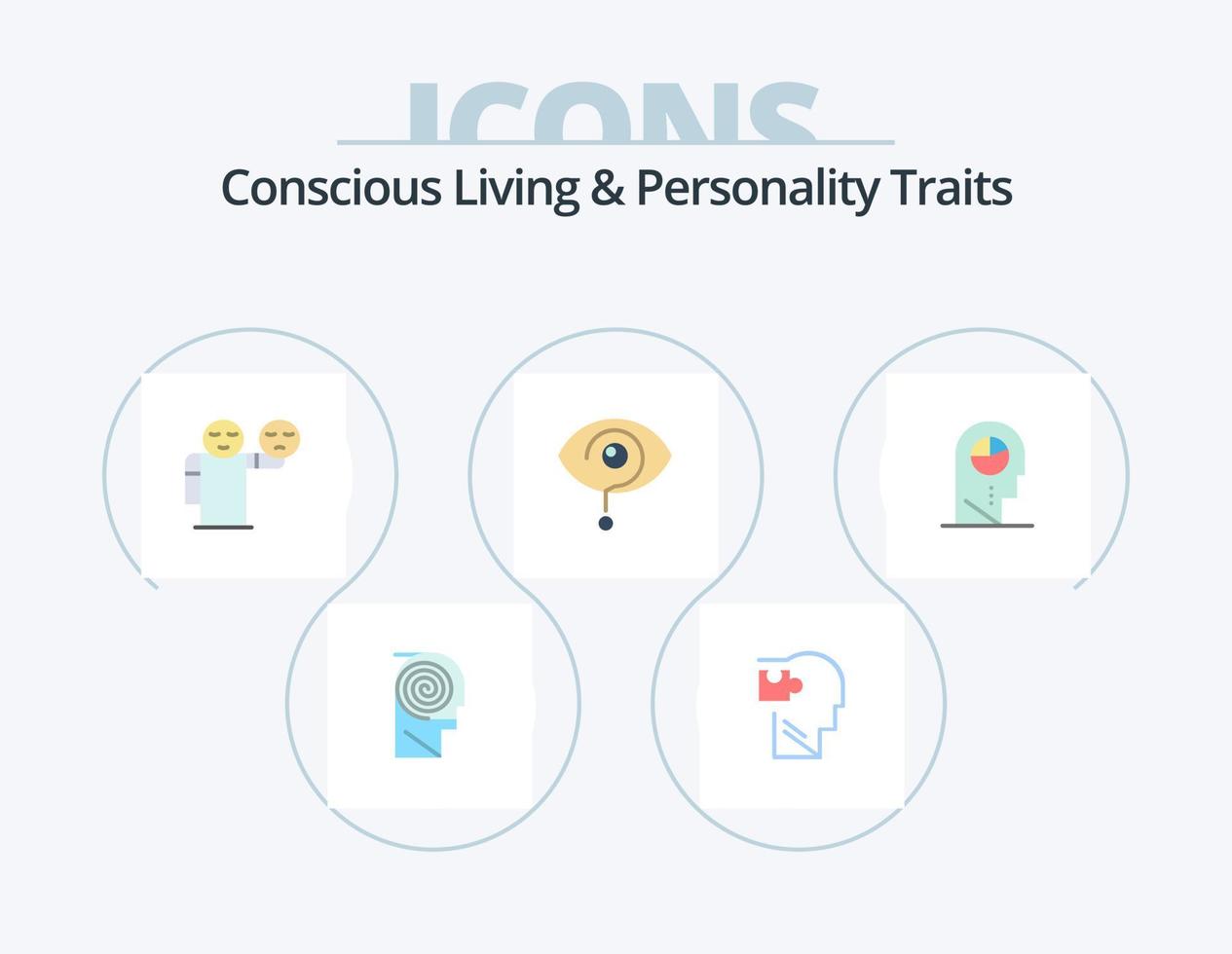 vie consciente et traits de personnalité pack d'icônes plat 5 conception d'icônes. connaissance. exclamation. puzzle. curieux. émoji vecteur