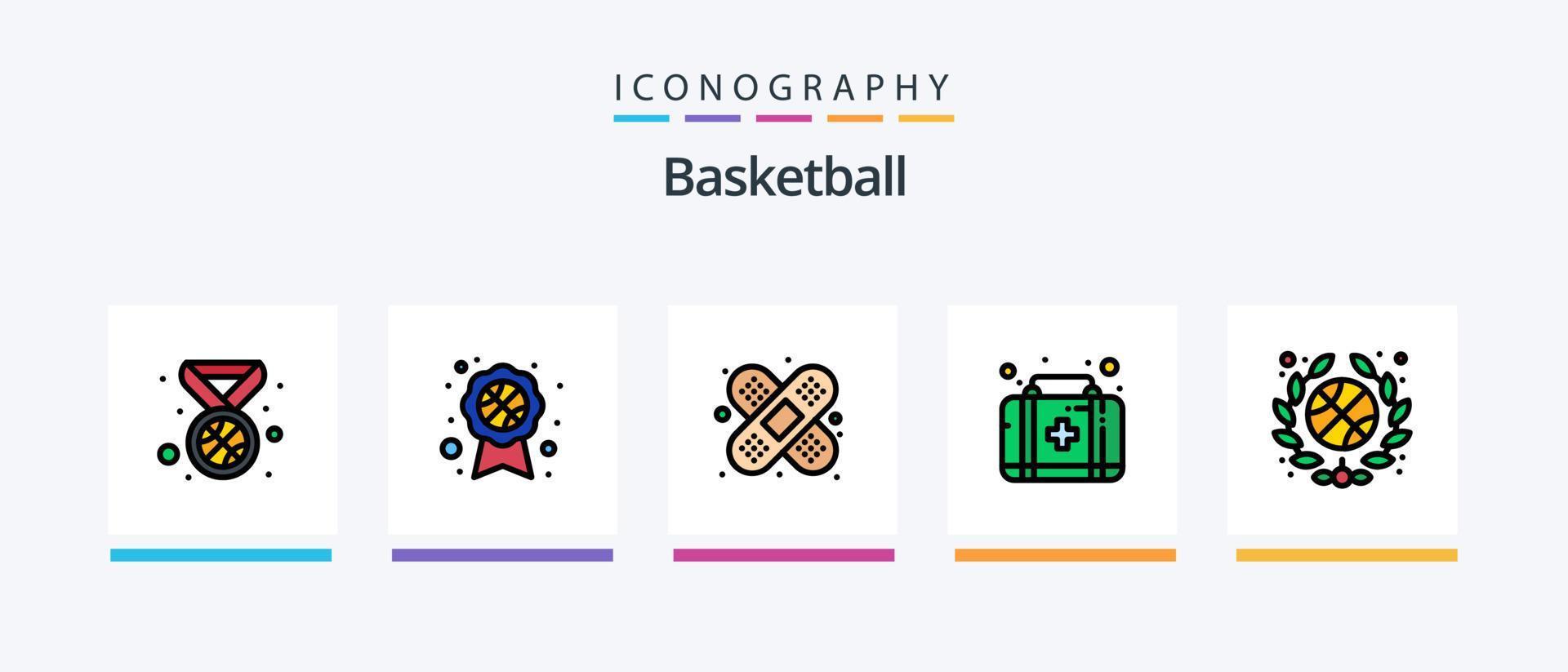 ligne de basket-ball remplie de 5 packs d'icônes comprenant. trousse. insigne de récompense. PREMIERS SECOURS. basket-ball. conception d'icônes créatives vecteur