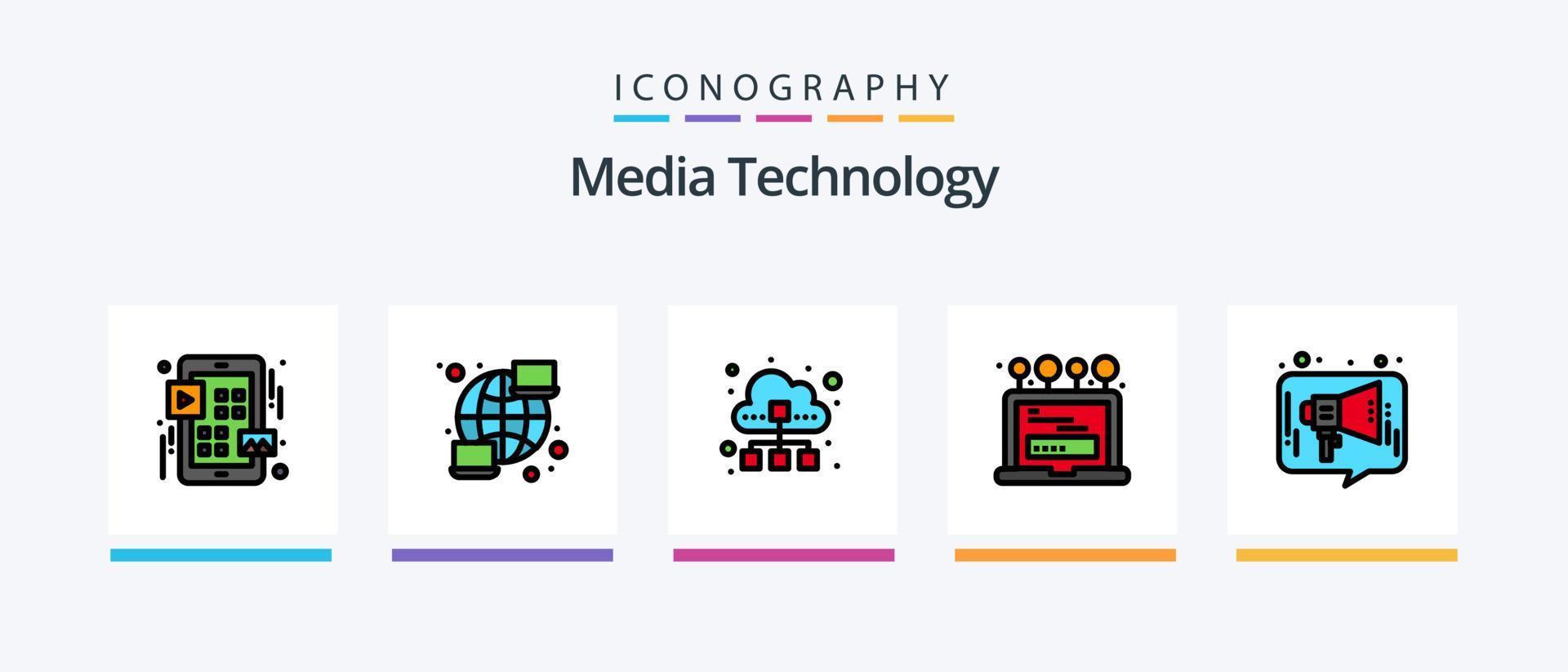 ligne de technologie multimédia remplie de 5 icônes, y compris le journal. nouvelles. divertissement. microphone. appareil. conception d'icônes créatives vecteur