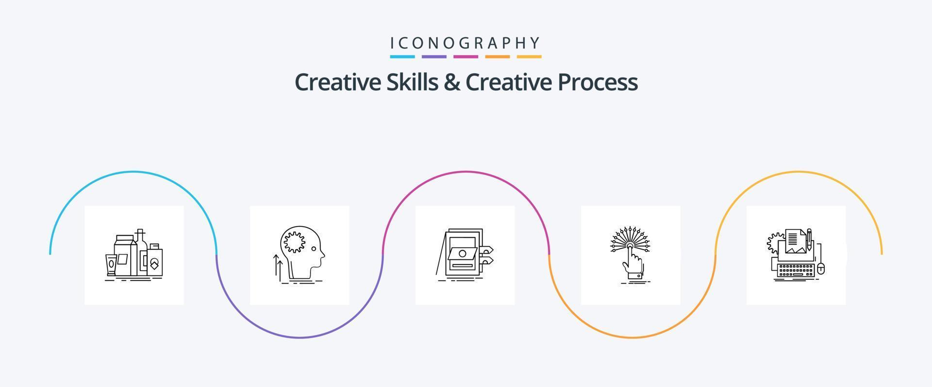compétences créatives et pack d'icônes de la ligne 5 du processus créatif, y compris la destination. atteindre. idée. des dossiers. vente vecteur