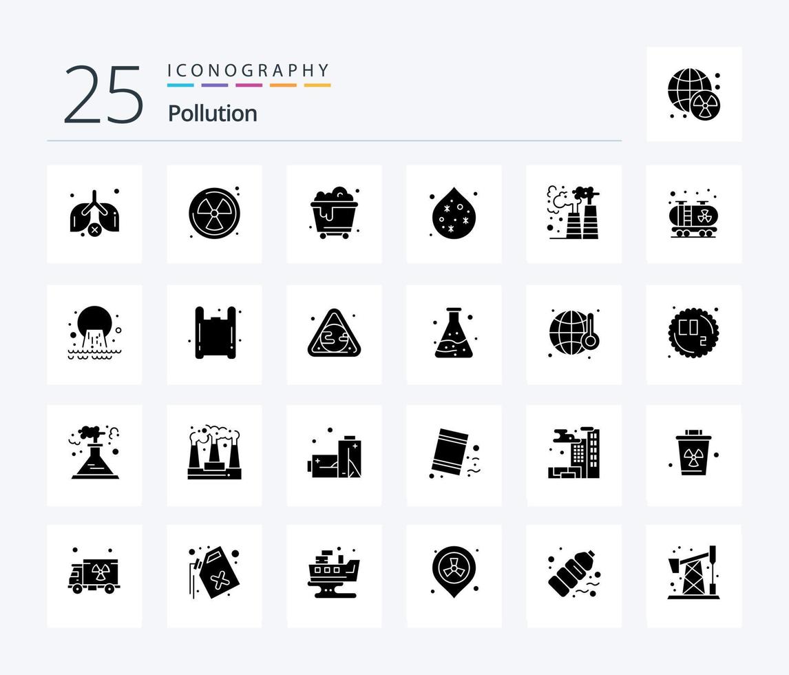 pollution 25 pack d'icônes de glyphes solides, y compris la pollution. déchets. déchets. pollution. usine vecteur