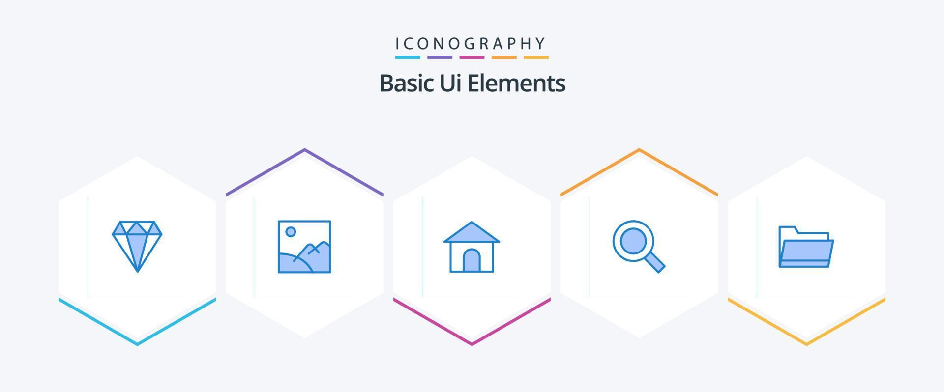 Éléments d'interface utilisateur de base 25 pack d'icônes bleues, y compris ouvert. trouver. bâtiment. Zoom. loupe vecteur