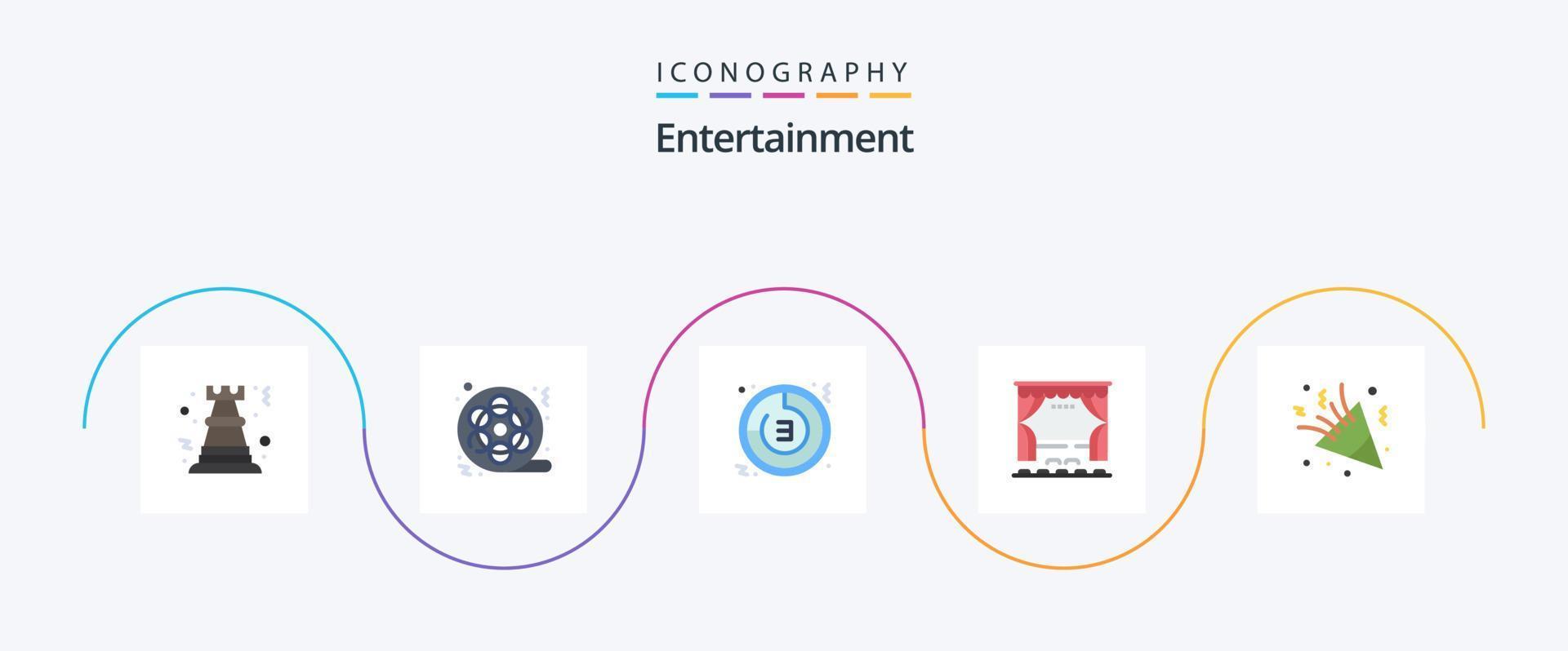 pack d'icônes plat de divertissement 5, y compris la scène. rideau. vidéo. chronomètre. temps vecteur