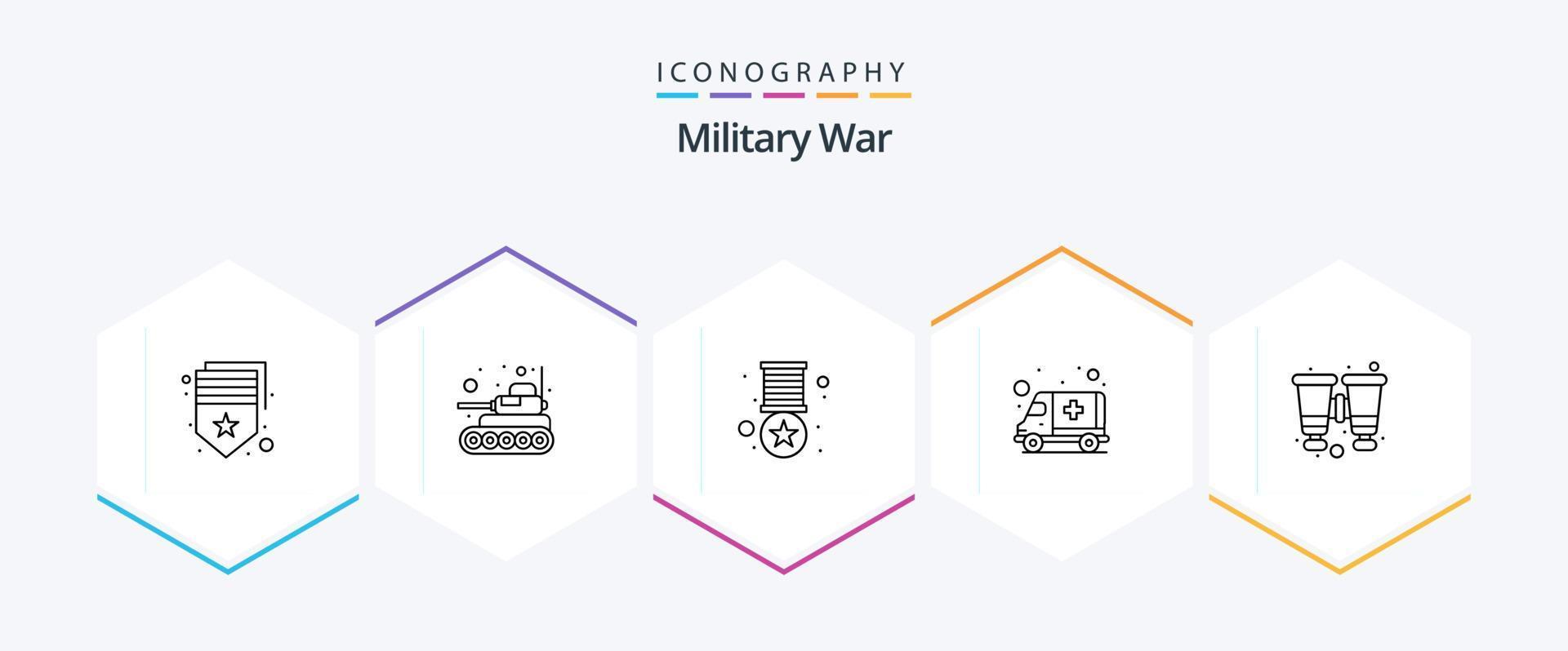 pack d'icônes de 25 lignes de guerre militaire, y compris trouver. transport. armée. PREMIERS SECOURS. ambulance vecteur