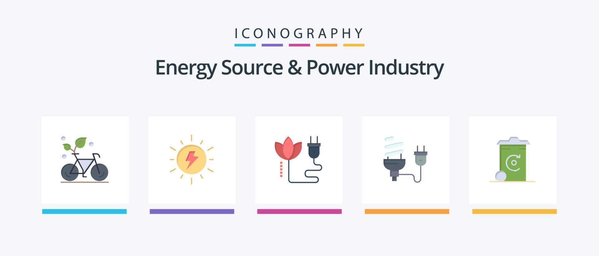 source d'énergie et pack d'icônes plat 5 de l'industrie de l'énergie, y compris l'énergie. économique. soleil. ampoule. câble. conception d'icônes créatives vecteur
