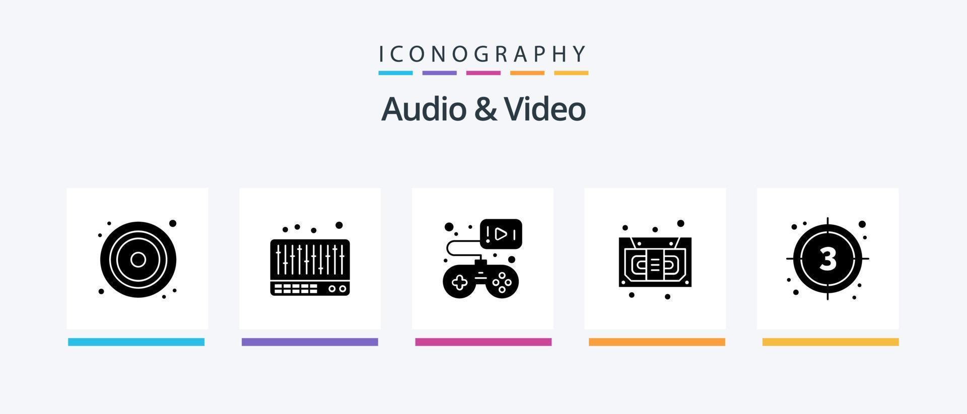 pack d'icônes audio et vidéo glyphe 5, y compris le film. compte à rebours. jeu. enregistreur. cassette. conception d'icônes créatives vecteur