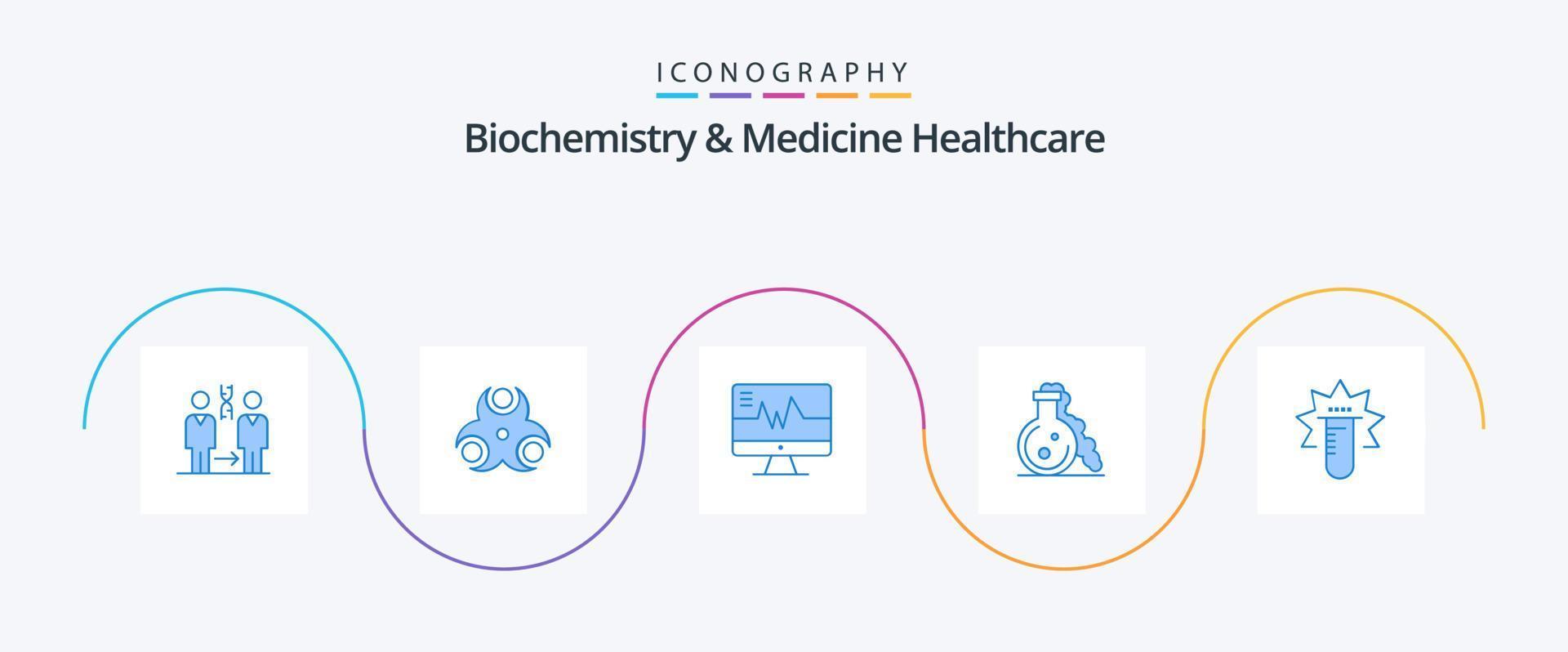 biochimie et médecine pack d'icônes bleues de 5 soins de santé, y compris le tube. test. santé. laboratoire. battement de coeur vecteur
