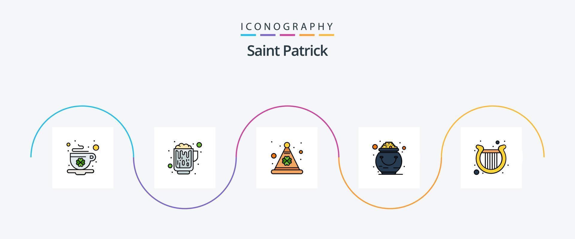 pack d'icônes plat 5 rempli de la ligne saint patrick, y compris la harpe. Patrick. casquette. chance. fortune vecteur