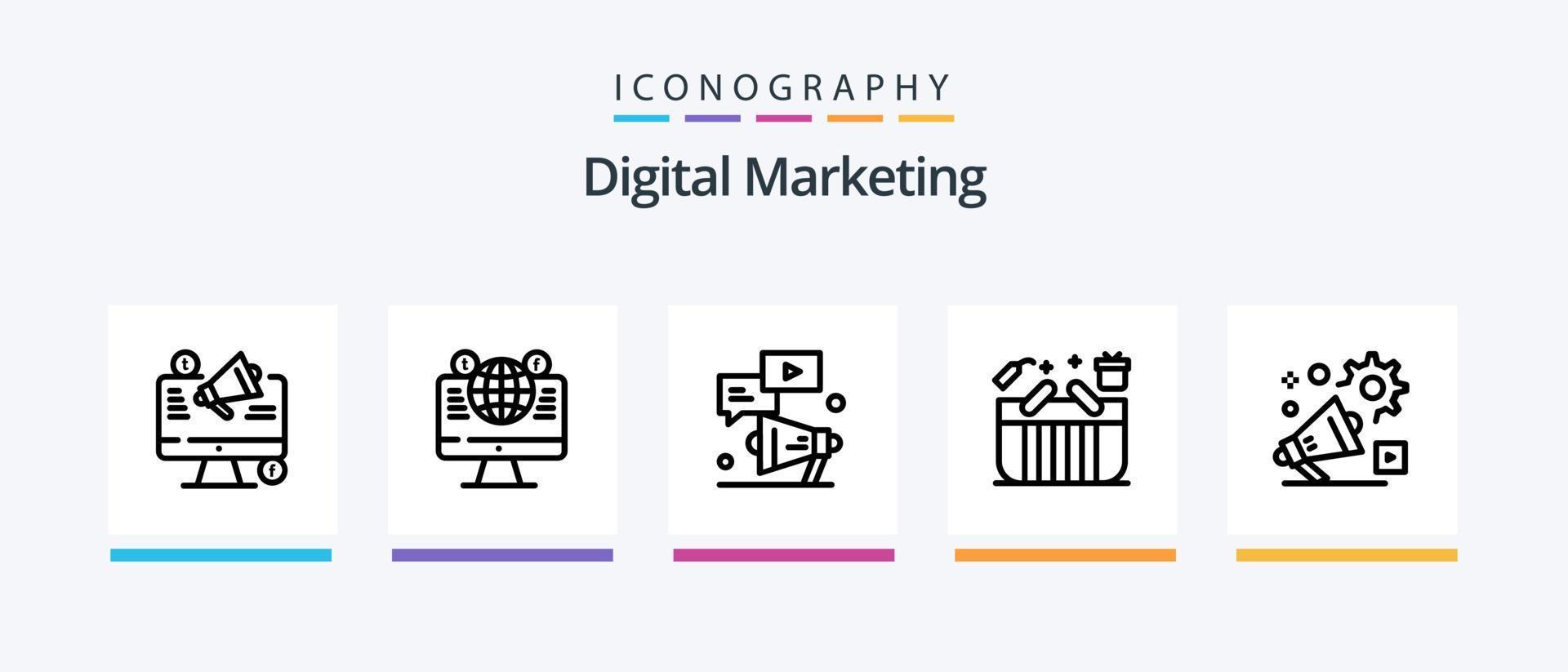 pack d'icônes de la ligne de marketing numérique 5, y compris les ventes. analytique. réseaux sociaux. rapport. déposer. conception d'icônes créatives vecteur