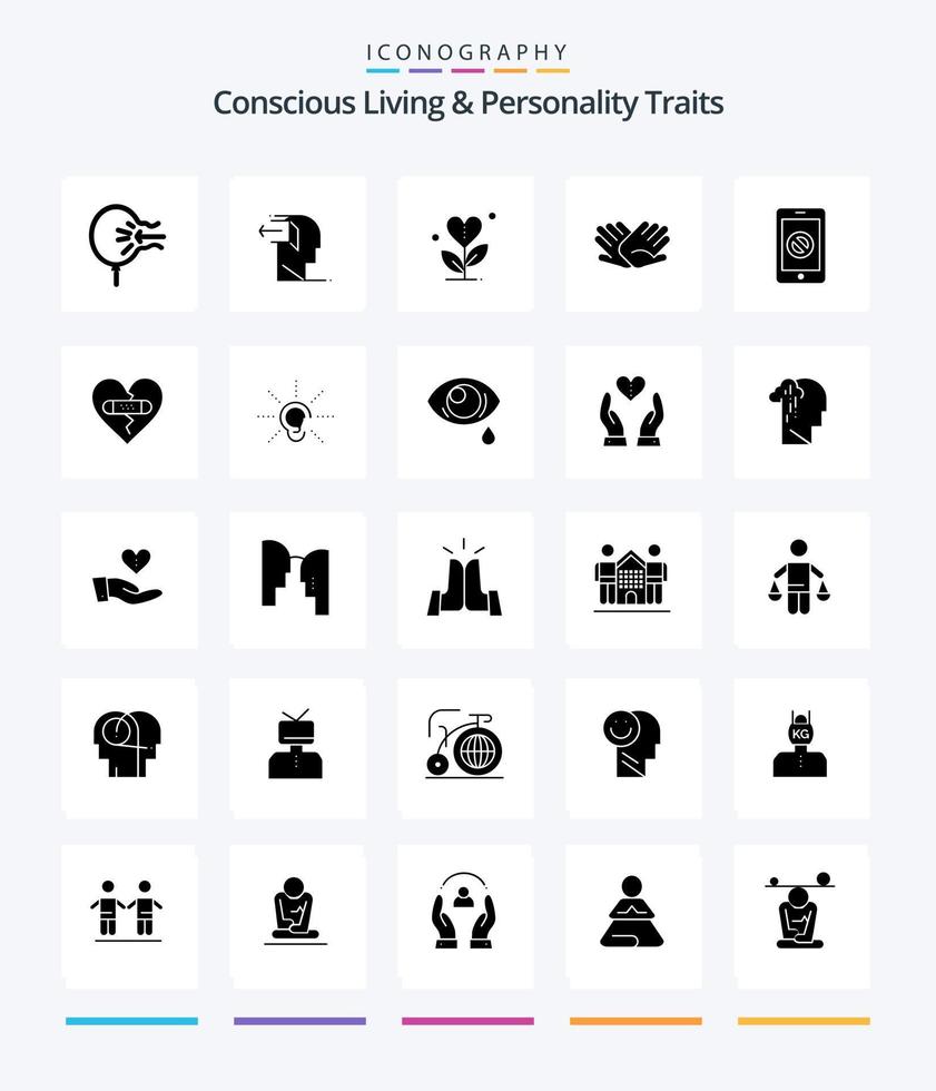 vie consciente créative et traits de personnalité pack d'icônes noires solides de 25 glyphes tels que l'aide. charité. dehors. aimer. croissance vecteur