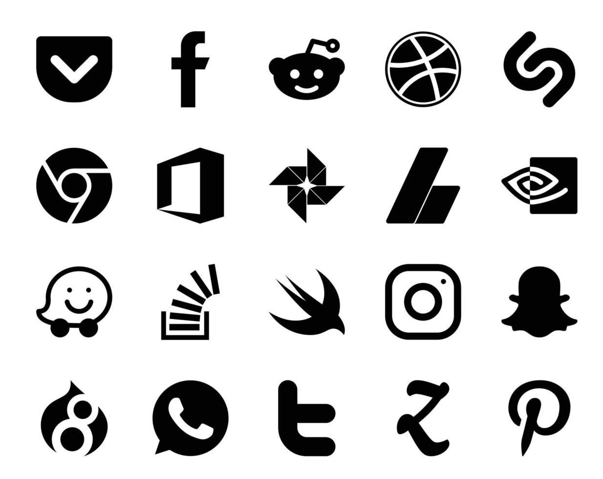 20 pack d'icônes de médias sociaux, y compris le débordement d'instagram adsense stock overflow vecteur