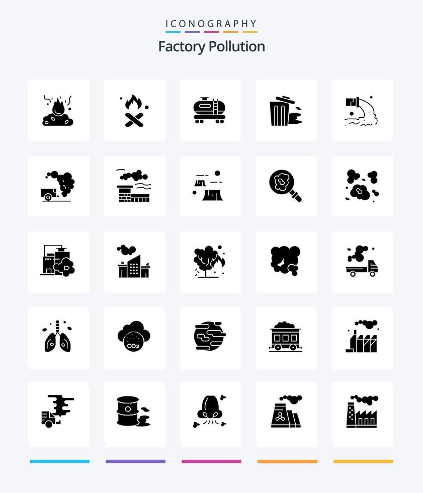 pollution d'usine créative pack d'icônes noir solide 25 glyphes tel que dump. eaux usées. environnement. radioactif. tuyau vecteur
