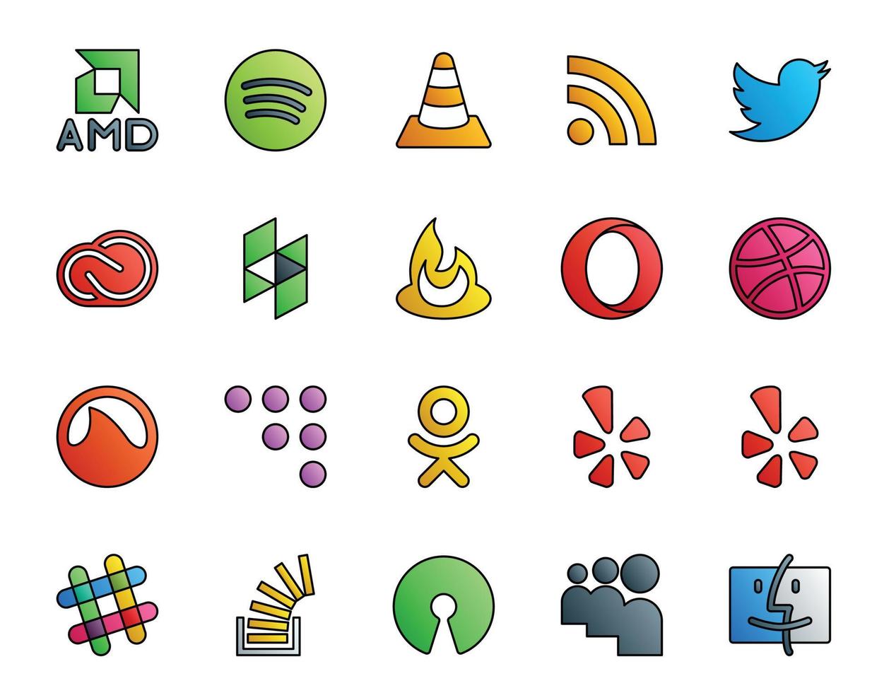 pack de 20 icônes de médias sociaux, y compris odnoklassniki grooveshark creative cloud dribbble feedburner vecteur