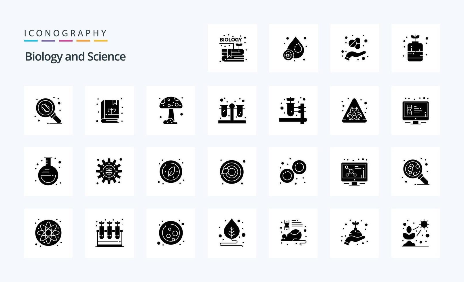 pack d'icônes de 25 glyphes solides de biologie vecteur