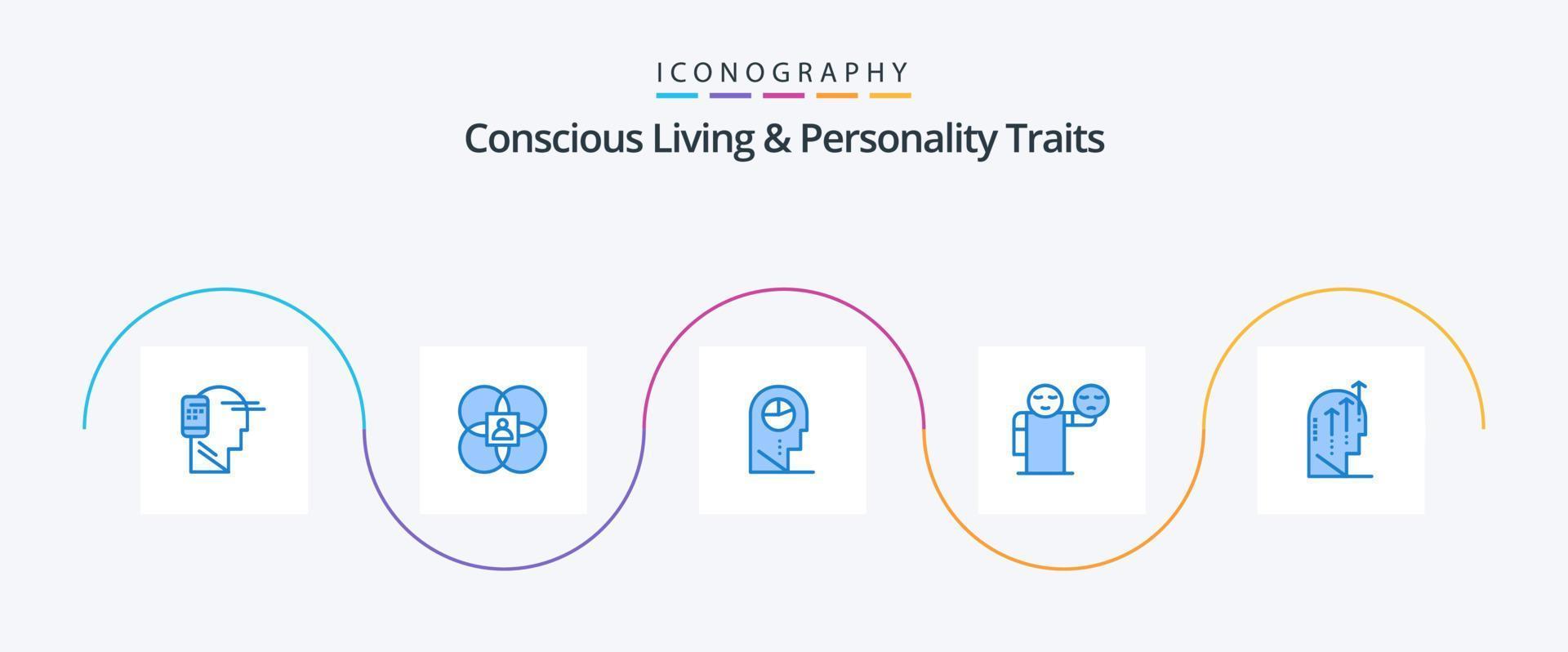 vie consciente et traits de personnalité bleu 5 pack d'icônes, y compris les soins de santé. main. modèle. homme. homme vecteur