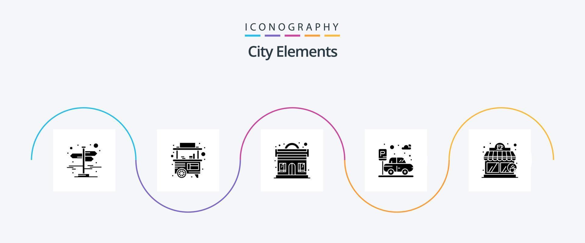 pack d'icônes glyphe 5 des éléments de la ville, y compris la boutique. café. club. transport. voiture vecteur