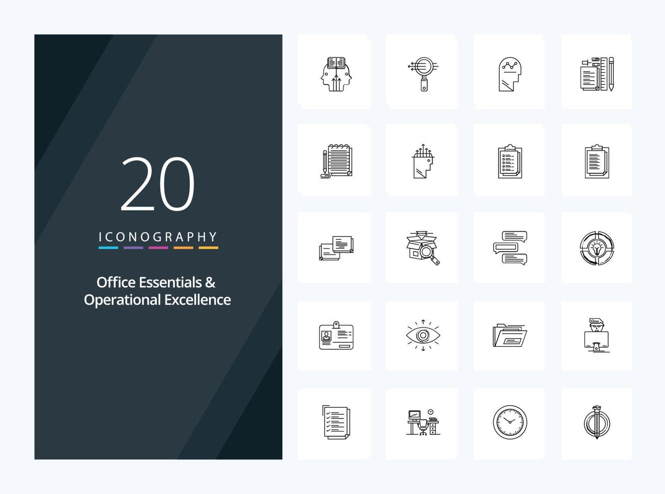 20 éléments essentiels de bureau et icône de contour d'excellence opérationnelle pour la présentation vecteur