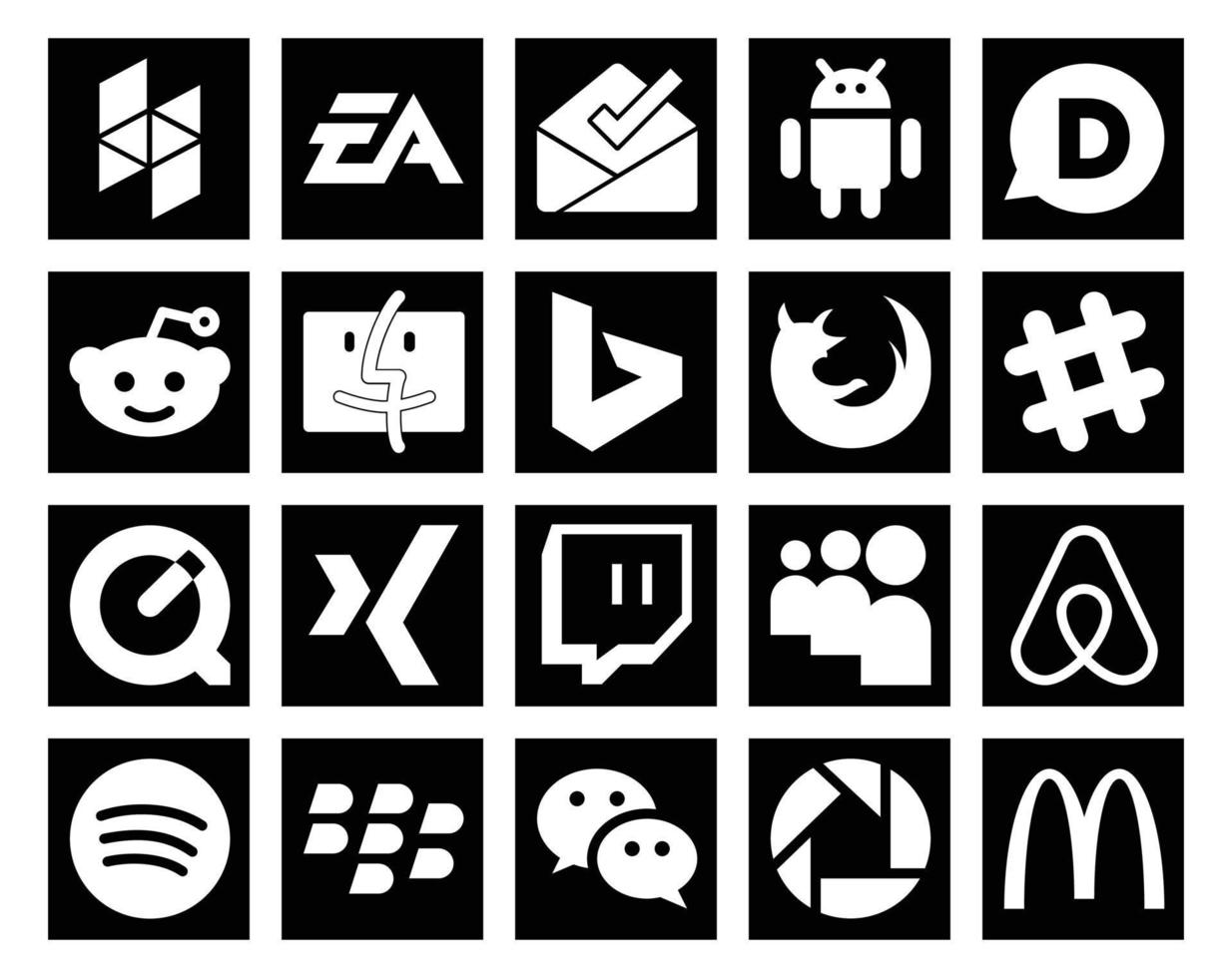 Pack de 20 icônes de médias sociaux, y compris myspace xing finder quicktime slack vecteur