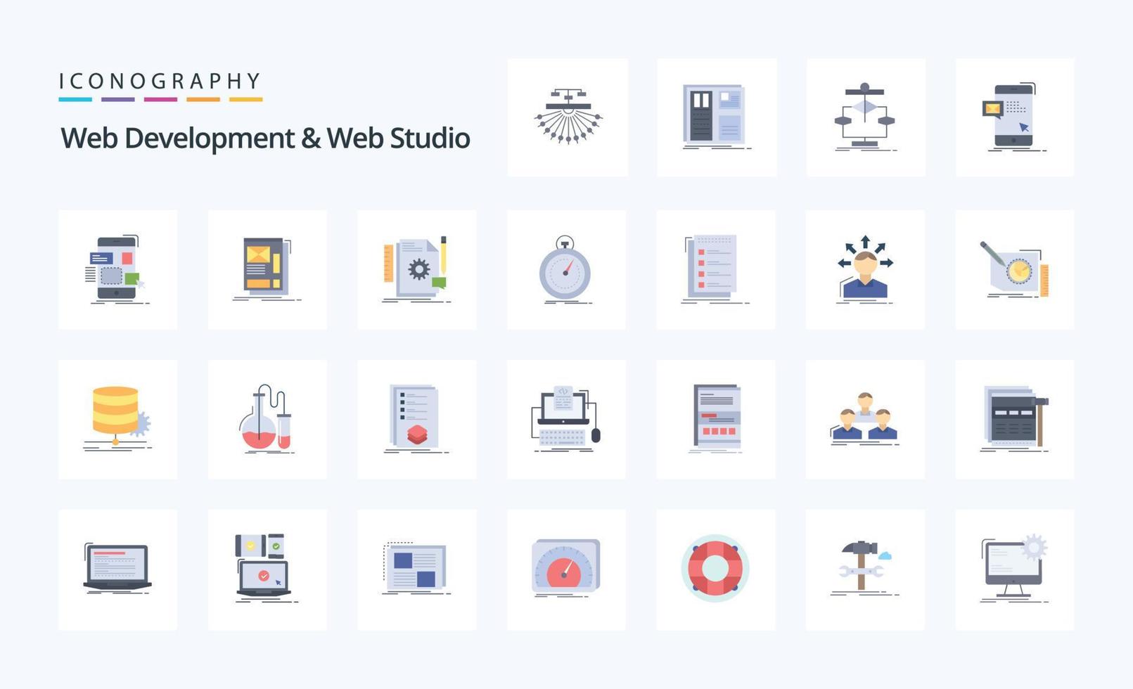 25 développement web et pack d'icônes couleur plat studio web vecteur