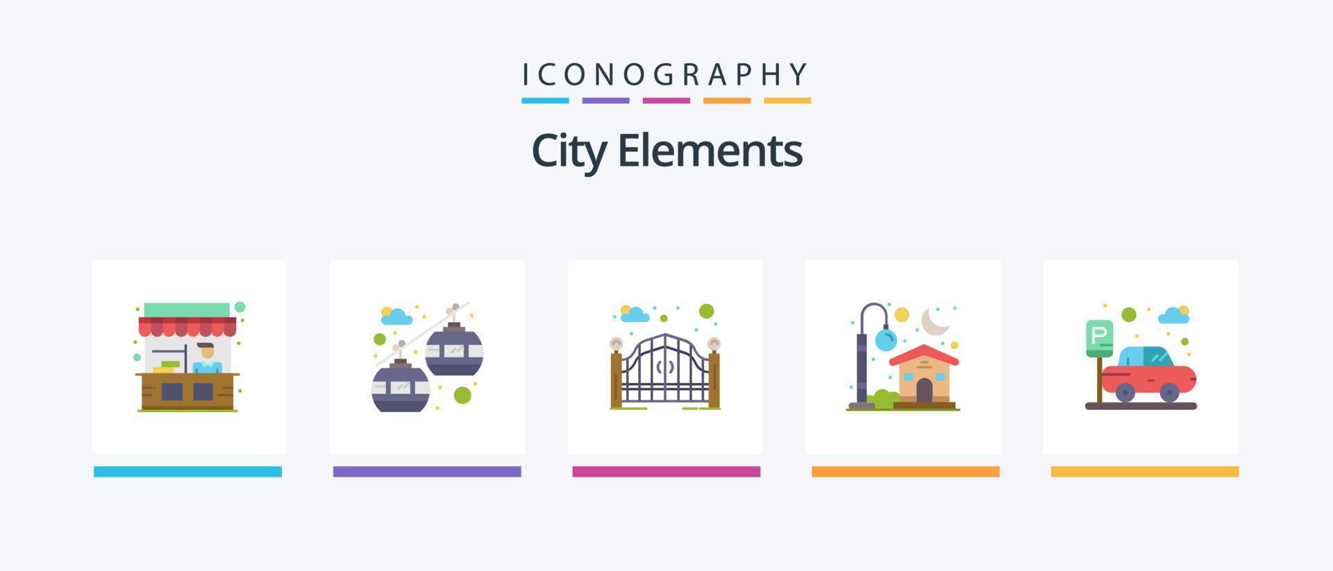 pack d'icônes plat 5 éléments de la ville, y compris le transport. voiture. portail. lune. loger. conception d'icônes créatives vecteur