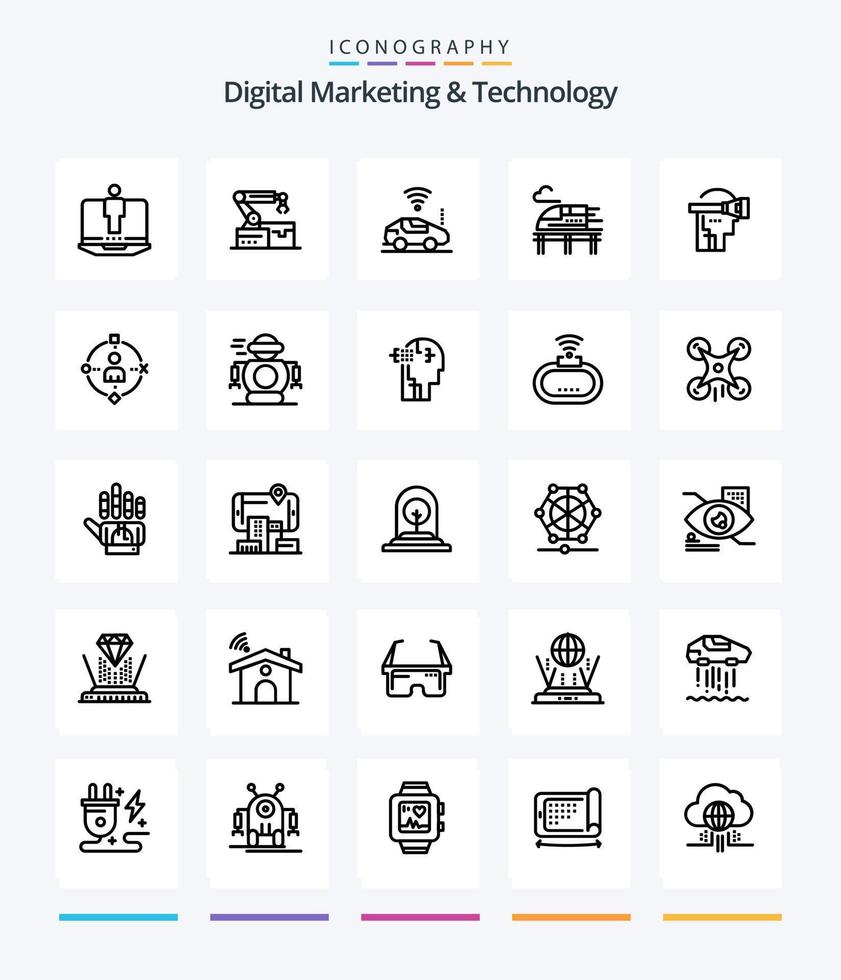 marketing numérique créatif et technologie 25 pack d'icônes de contour tel que casque. virtuel. atou. transport. former vecteur