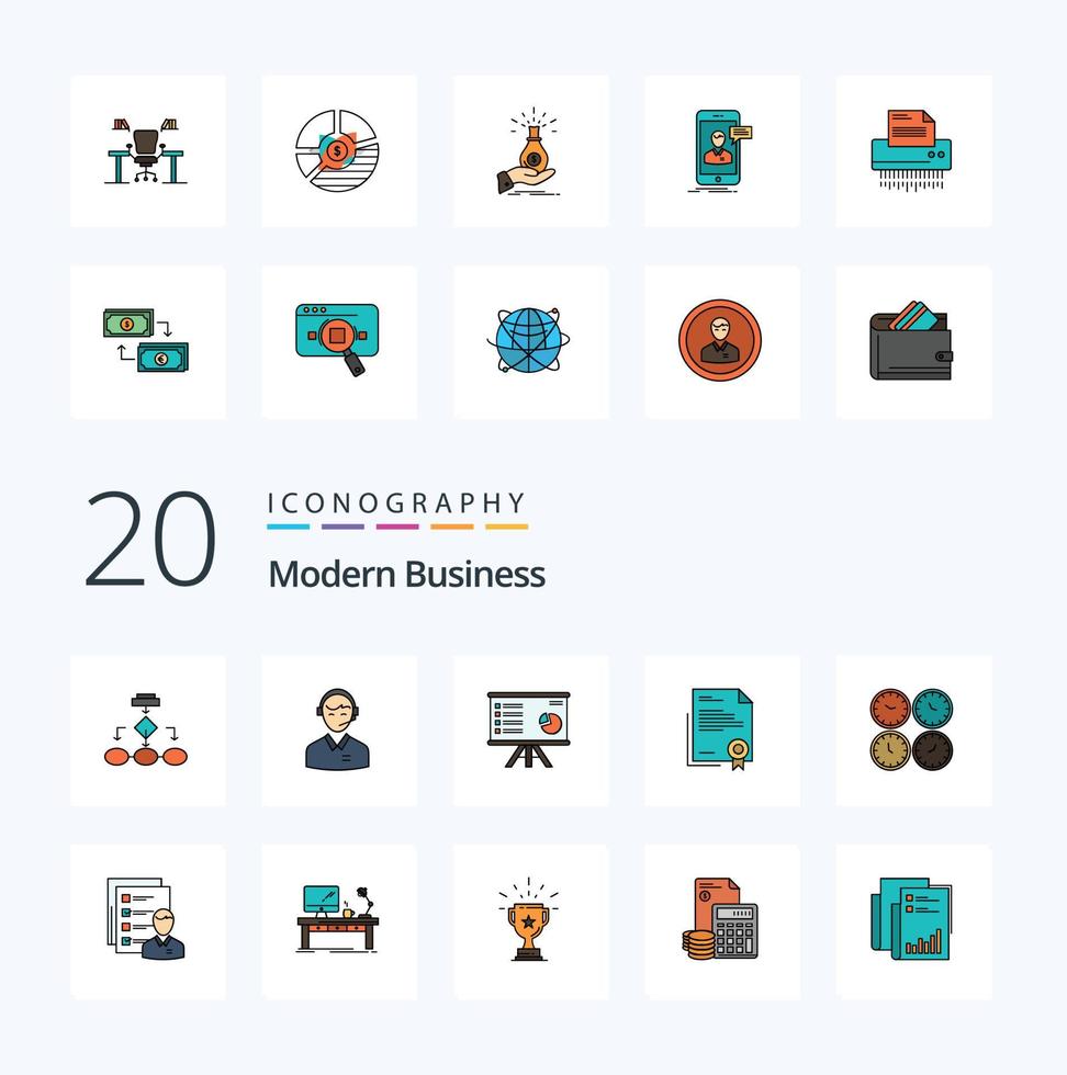 20 pack d'icônes de couleur remplies de ligne d'affaires moderne comme l'analyse graphique présentation d'entreprise consultant en ligne vecteur