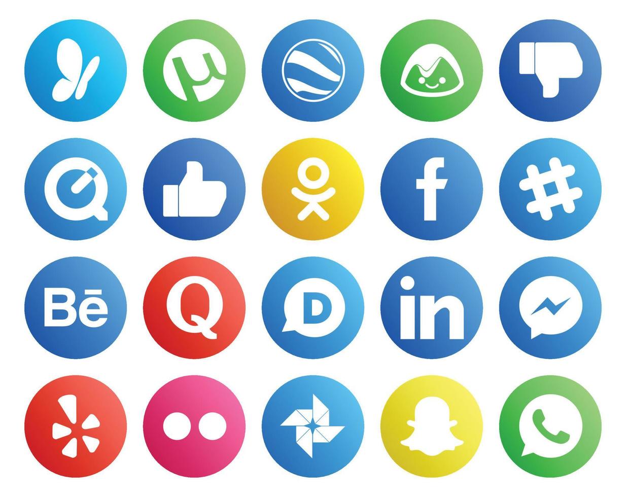 pack de 20 icônes de médias sociaux, y compris yelp linkedin facebook disqus quora vecteur