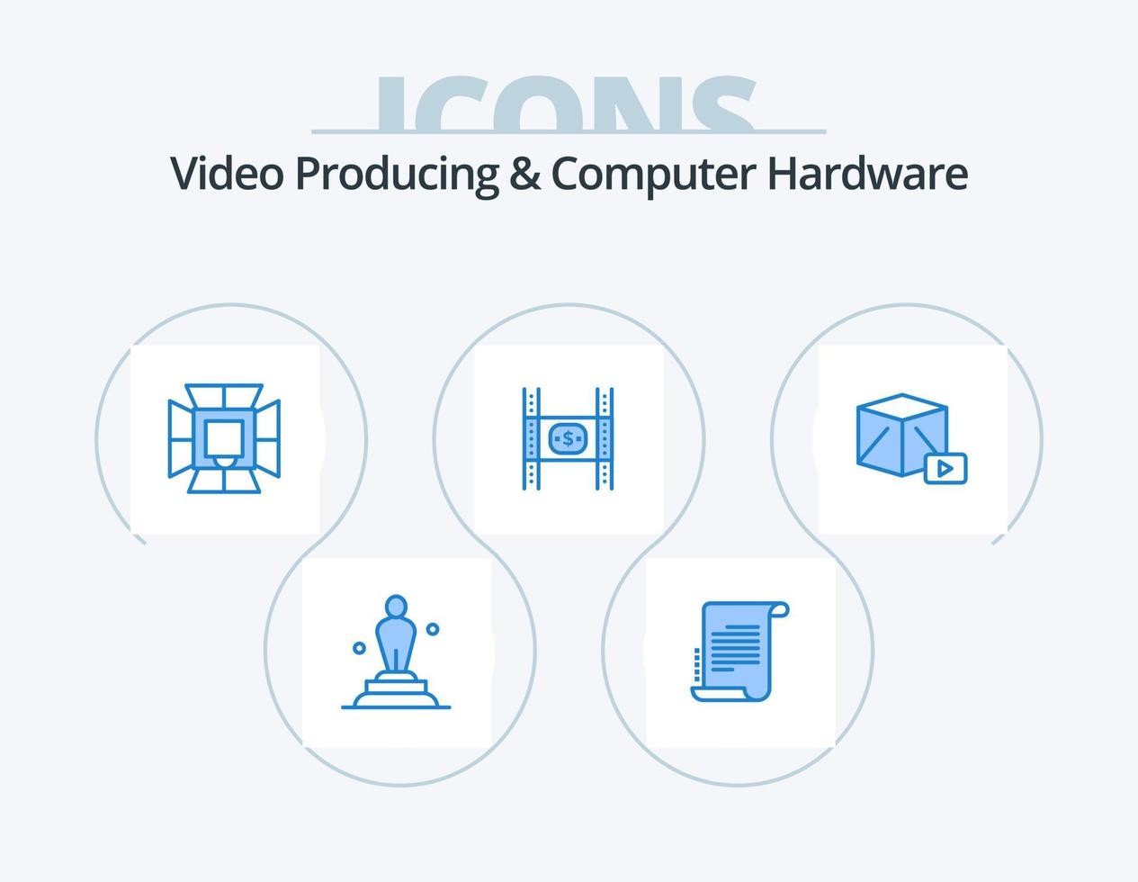 production vidéo et matériel informatique pack d'icônes bleues 5 conception d'icônes. argent. frais. scénario. budget. professionnel vecteur