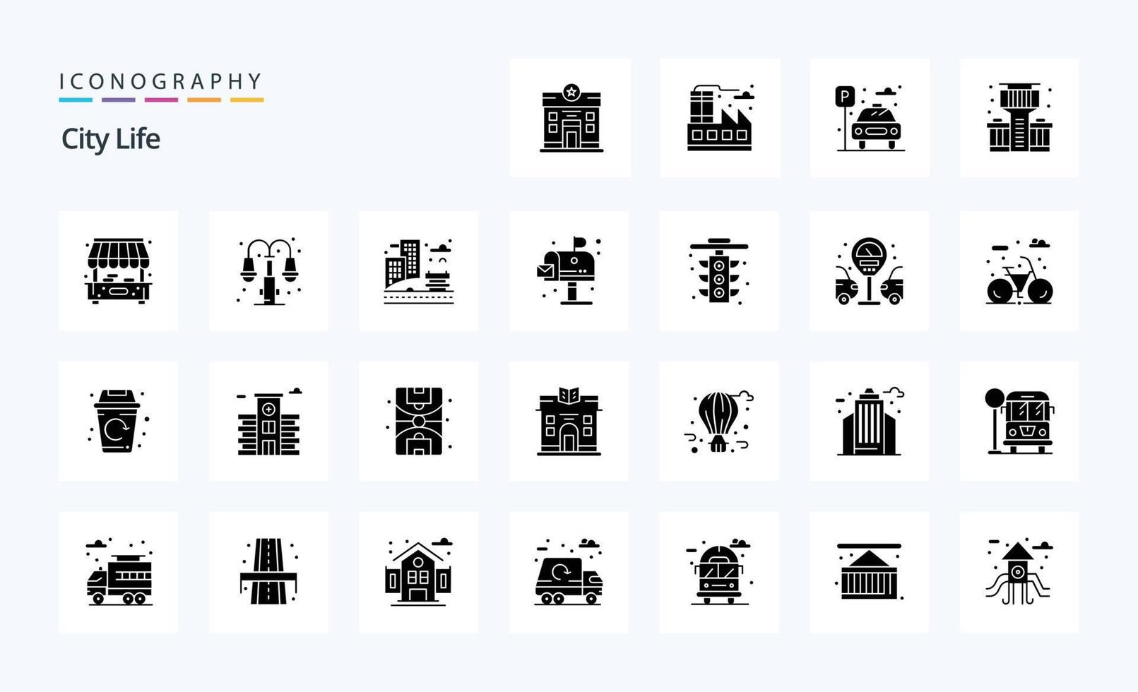 25 pack d'icônes de glyphes solides de la vie urbaine vecteur