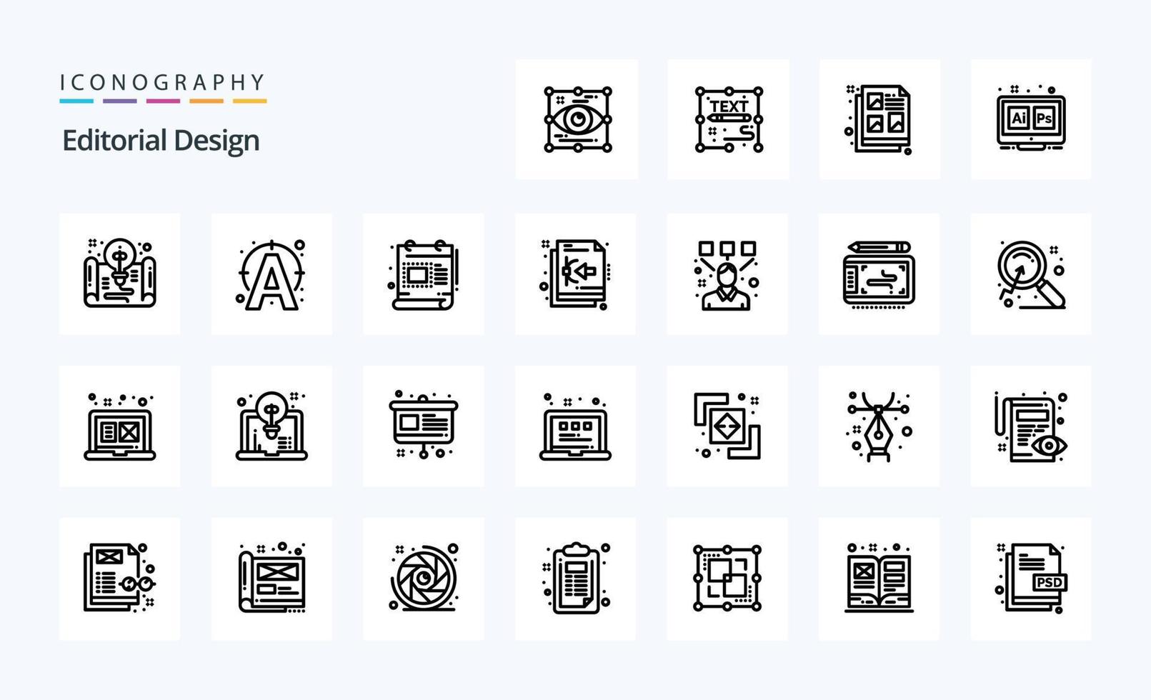 25 pack d'icônes de ligne de conception éditoriale vecteur