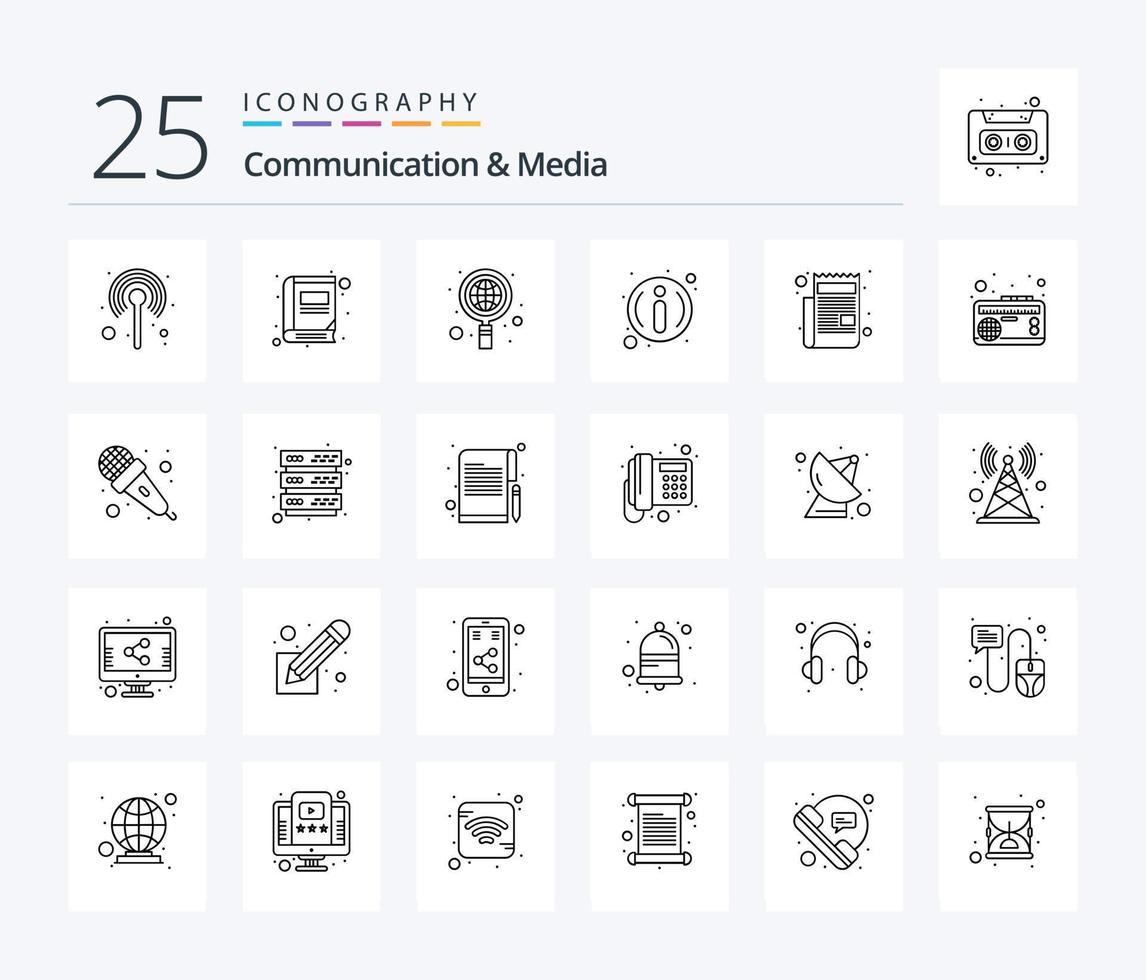 communication et médias Pack d'icônes de 25 lignes comprenant un journal. information. enregistrer. Info. globe vecteur