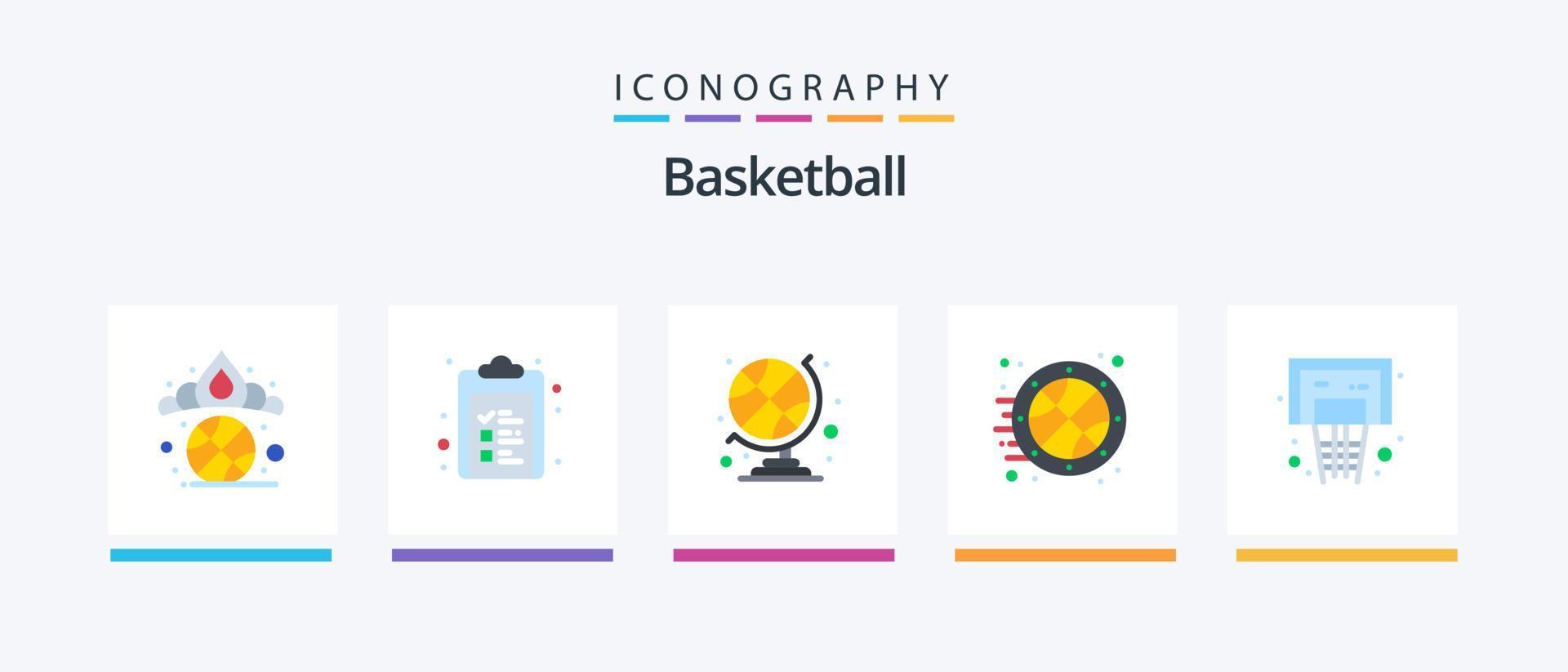 pack d'icônes plat 5 de basket-ball, y compris le cerceau. panier. accessoires de sport. temps. jeu. conception d'icônes créatives vecteur
