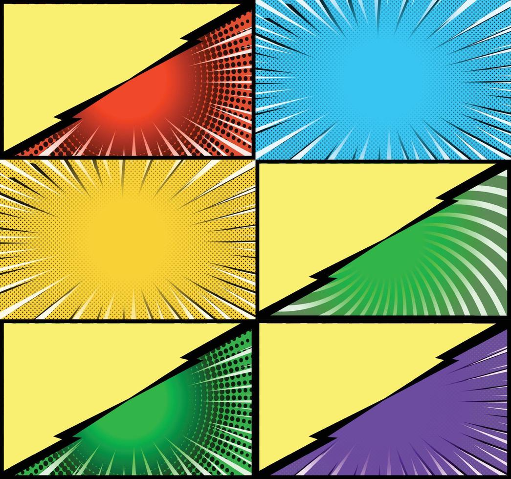 fond de cadres colorés de bande dessinée avec des rayons de demi-teintes effets radiaux et pointillés style pop art vecteur