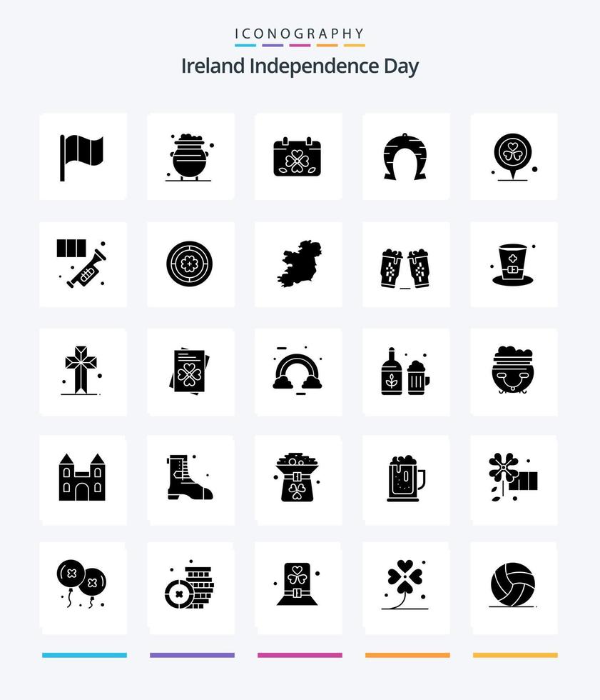 pack d'icônes noir solide de 25 glyphes du jour de l'indépendance de l'irlande créative tel que patricks. fer à cheval. calendrier. fortune. Patrick vecteur