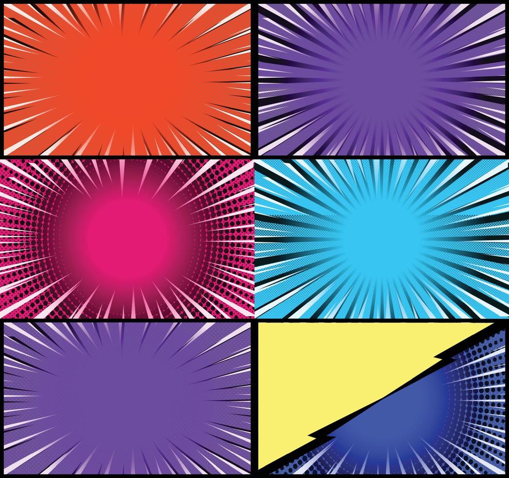 fond de cadres colorés de bande dessinée avec des rayons de demi-teintes effets radiaux et pointillés style pop art vecteur