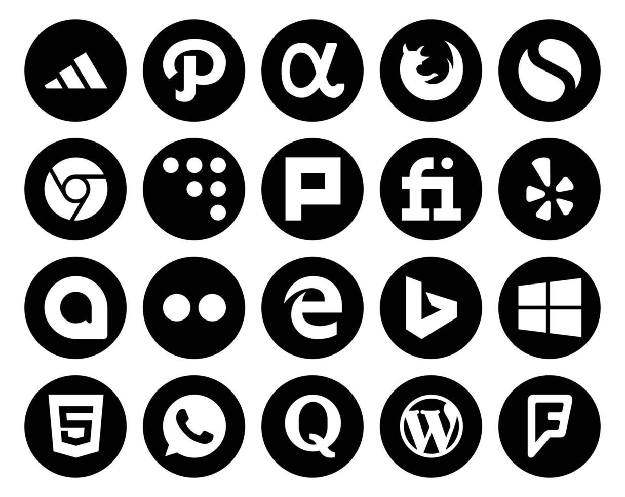 Pack de 20 icônes de médias sociaux, y compris WhatsApp Windows Plurk Bing Flickr vecteur