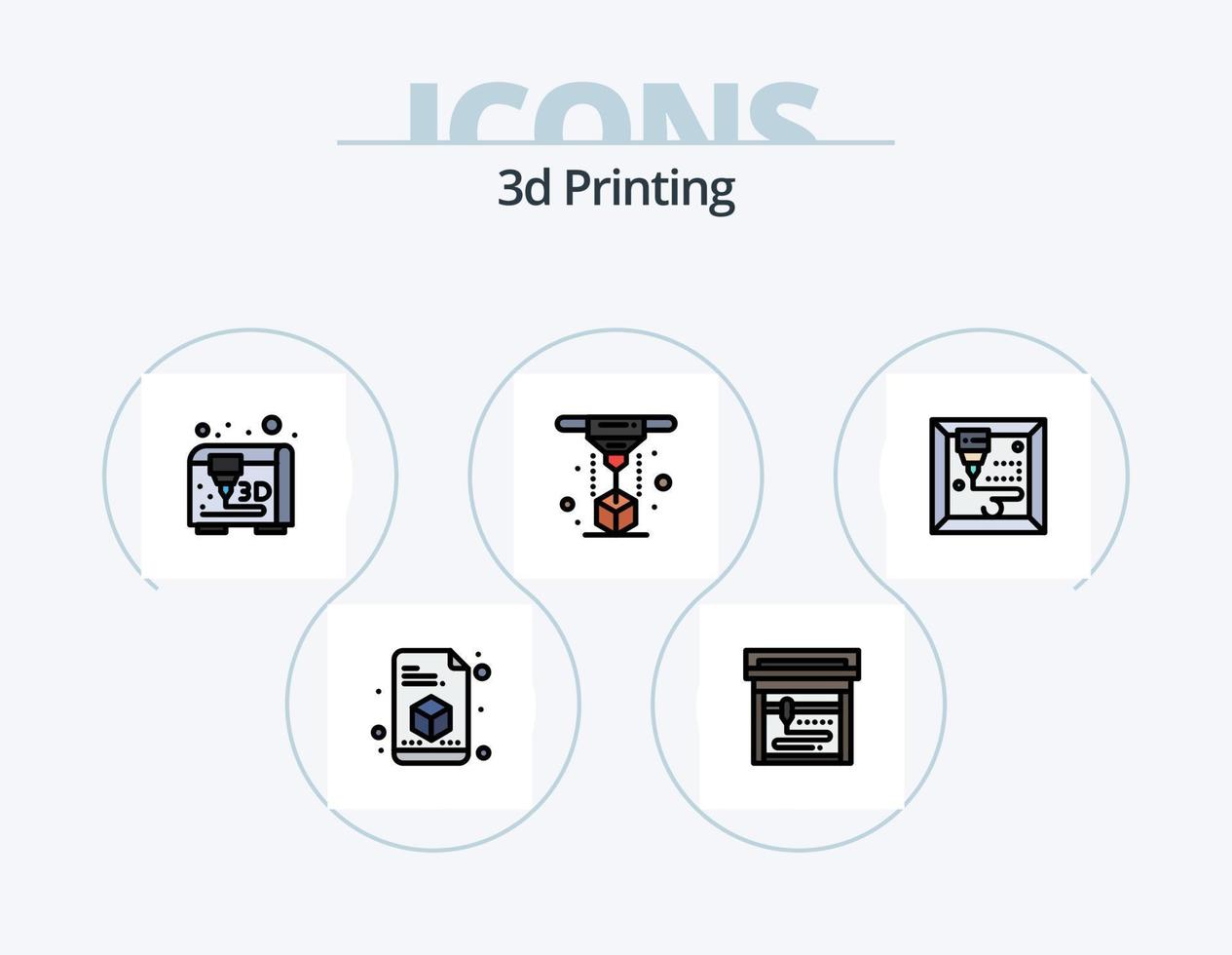 Pack d'icônes remplies de ligne d'impression 3d 5 conception d'icônes. imprimante. scanner. 3d. impression. d vecteur