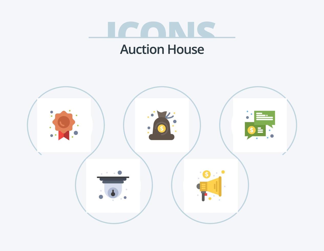 pack d'icônes plates aux enchères 5 conception d'icônes. discuter. finance. certificat. argent. sac vecteur