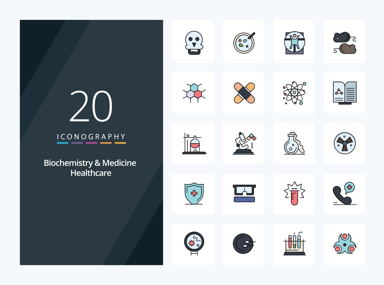 20 icône remplie de ligne de soins de santé de biochimie et de médecine pour la présentation vecteur