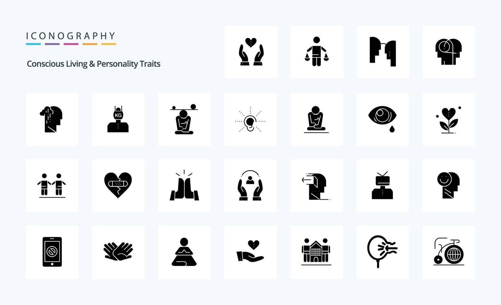 pack d'icônes de glyphes solides de 25 traits de vie et de personnalité conscients vecteur