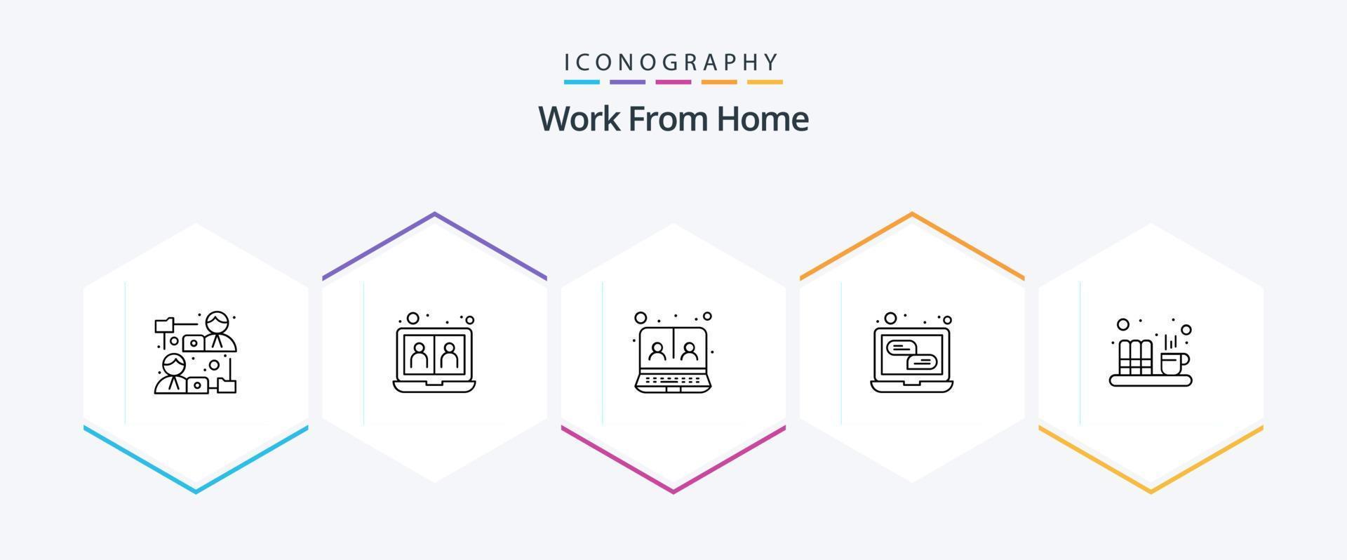 travail à domicile pack d'icônes de 25 lignes, y compris le café. la toile. partage. en ligne. conférence vidéo vecteur