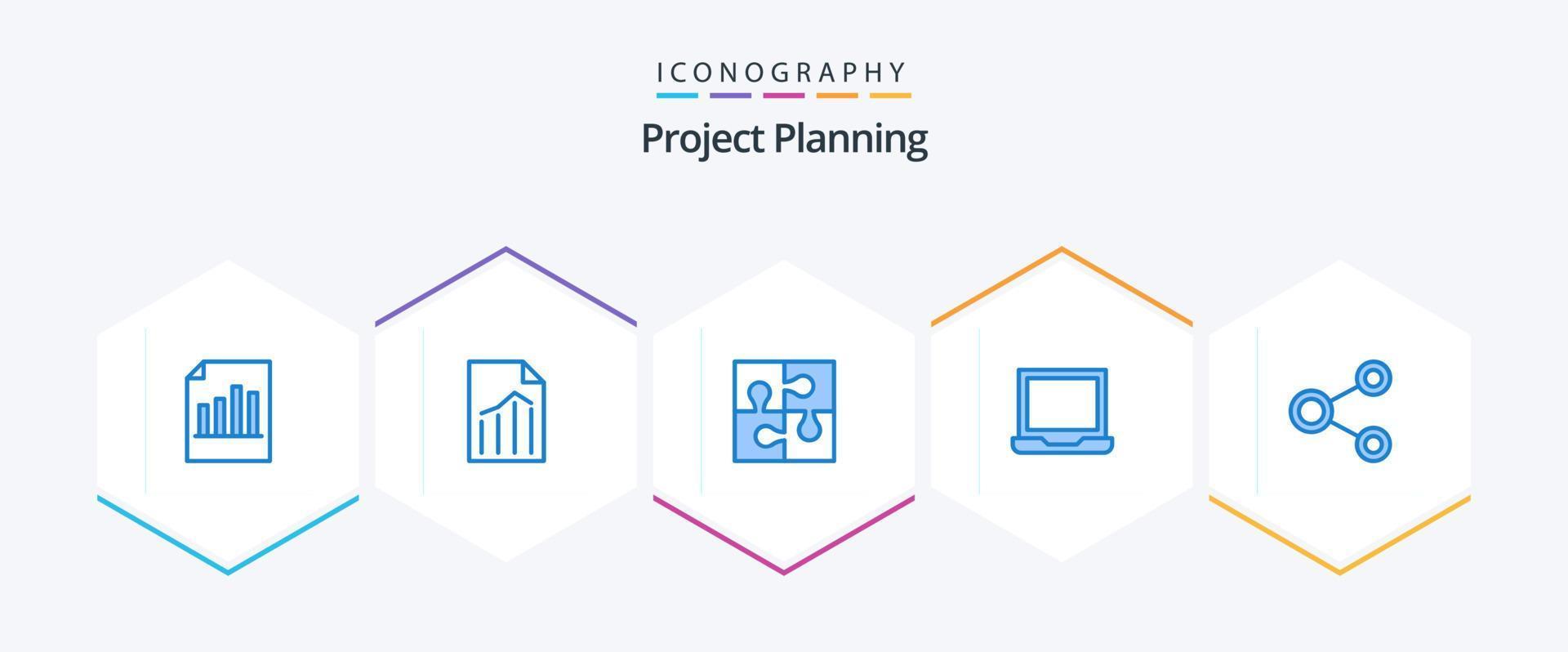projet planing 25 pack d'icônes bleues comprenant un ordinateur portable. ordinateur. rapport. travail en équipe. puzzle vecteur