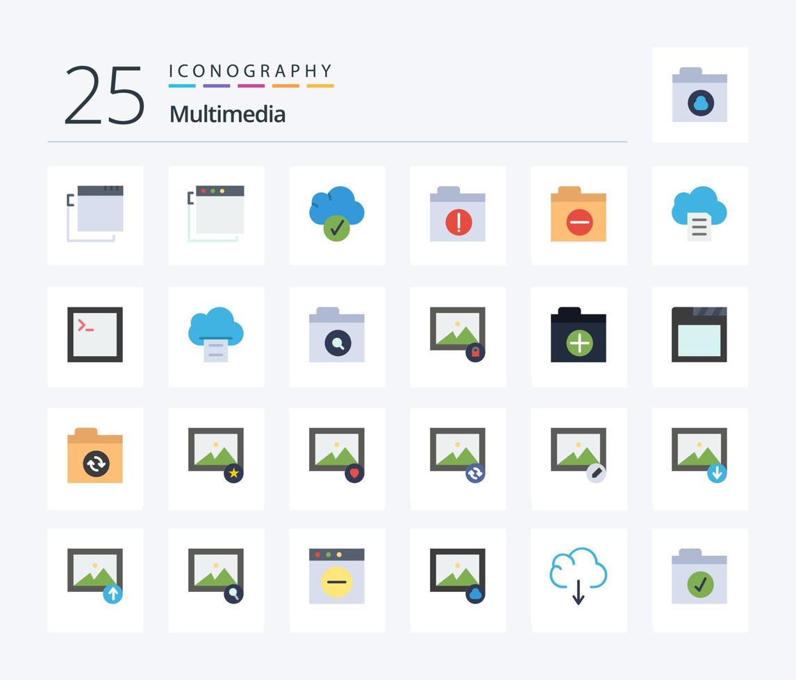 pack d'icônes multimédia de 25 couleurs plates, y compris le code. données. des dossiers. nuage. détail vecteur