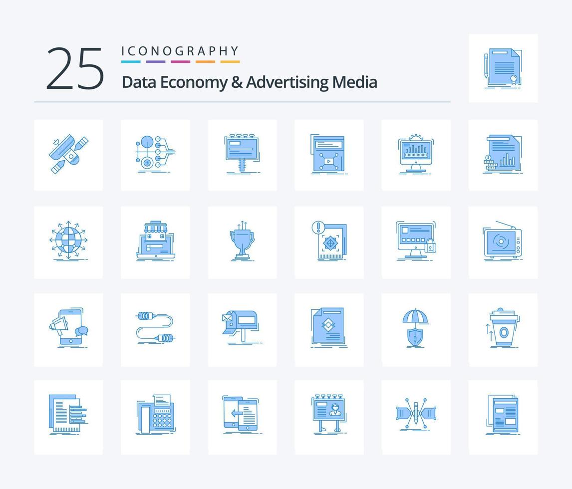 économie de données et médias publicitaires pack de 25 icônes de couleur bleue, y compris la vidéo. commercialisation. transfert. promo. publicité vecteur