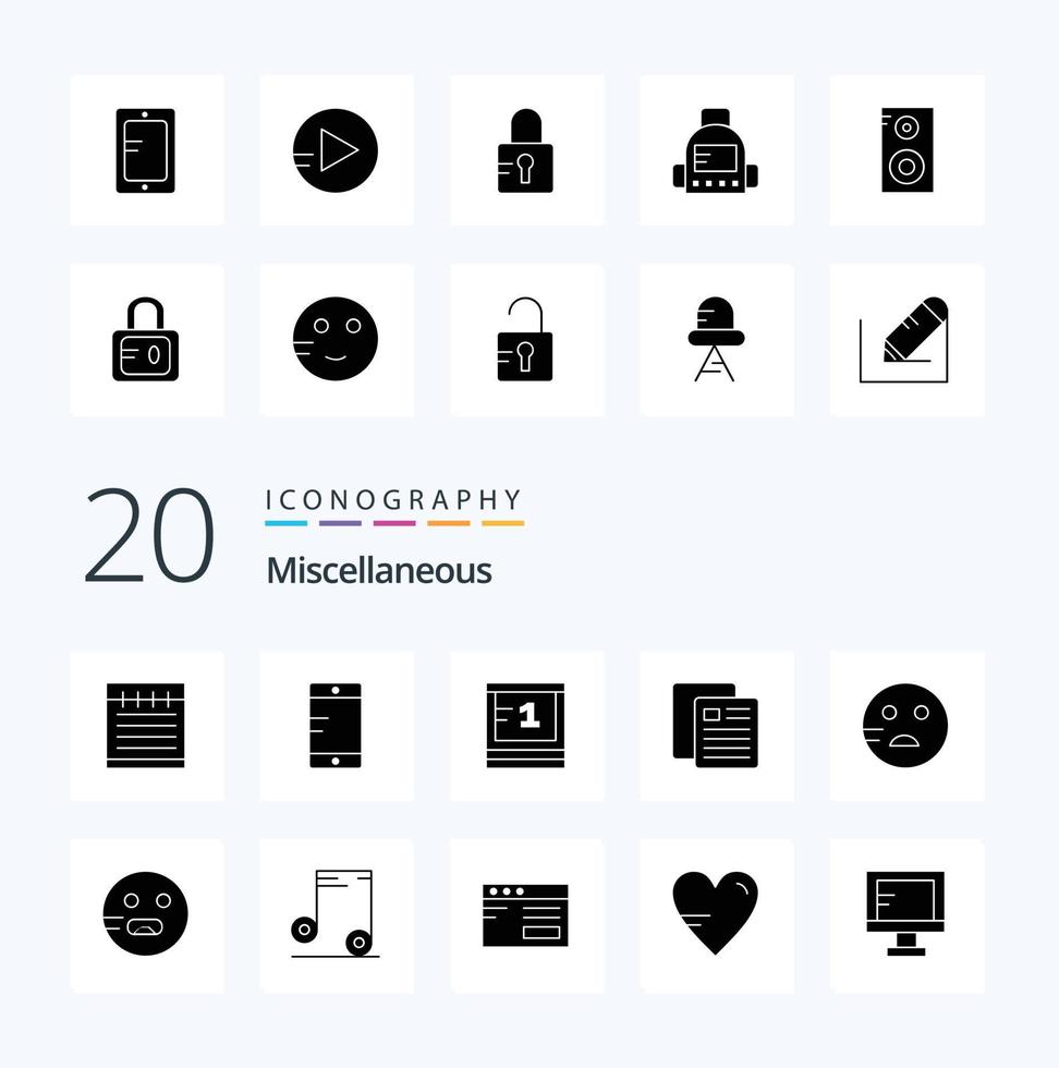 pack de 20 icônes de glyphes solides divers comme les emojis emojis education test triste vecteur