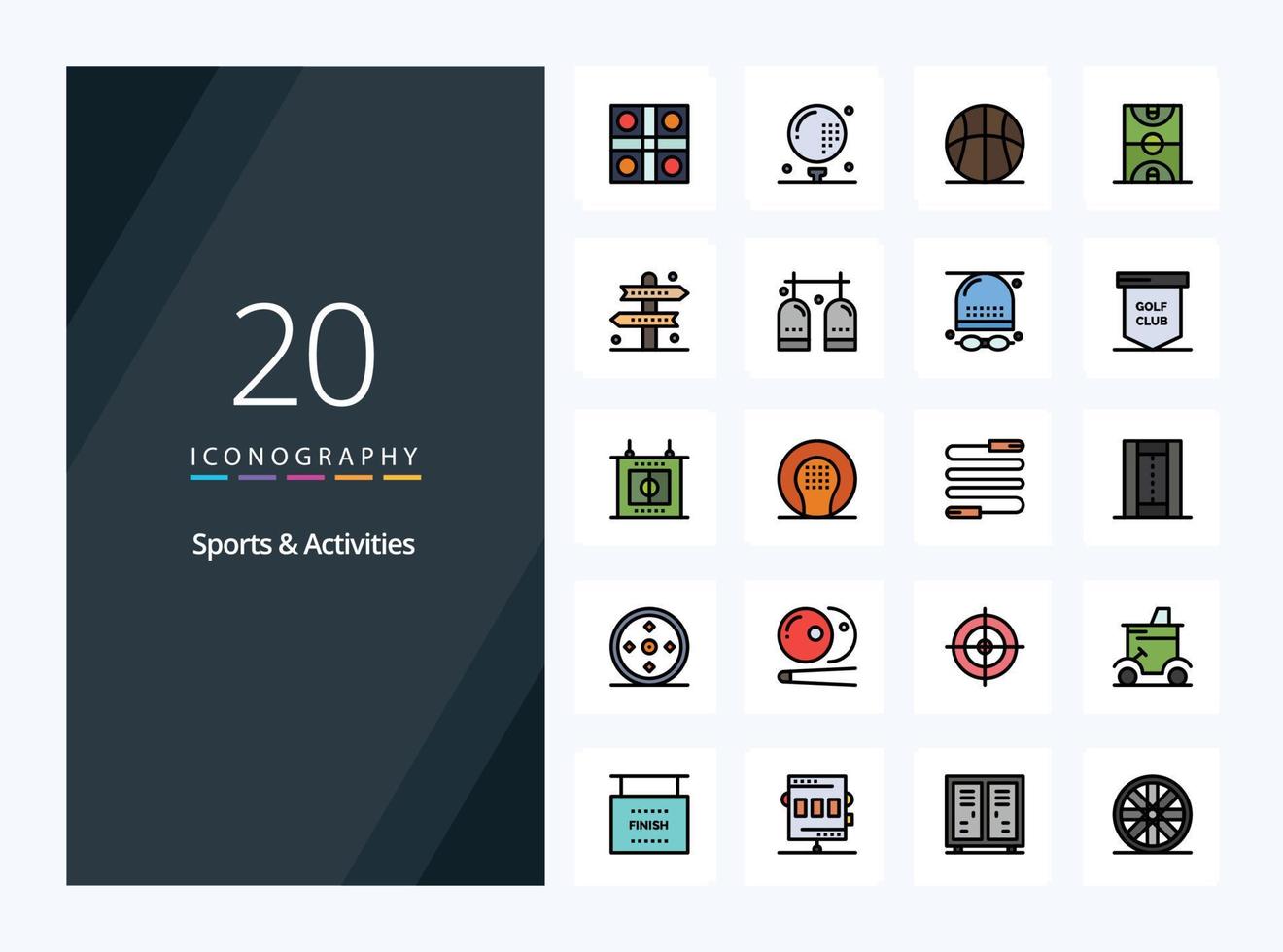 20 icônes remplies de lignes d'activités sportives pour la présentation vecteur